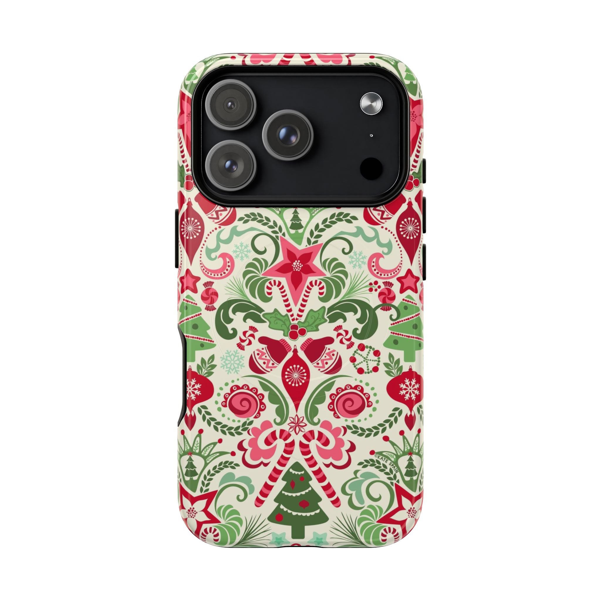 Wonderland MagSafe iPhone 17 Pro Case – Glossy | cream, red, and green Christmas holiday medallion print with ornaments, candy canes, trees, and stars