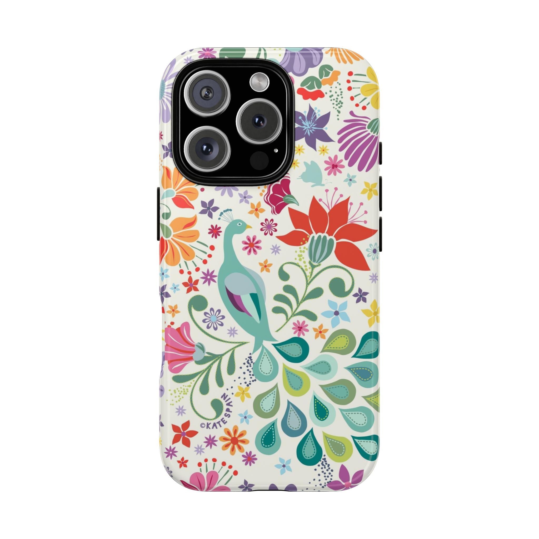 Peacock Sanctuary Tough iPhone 16 Pro Max Case – Glossy | white, teal, coral multicolor vibrant peacock feather botanical print