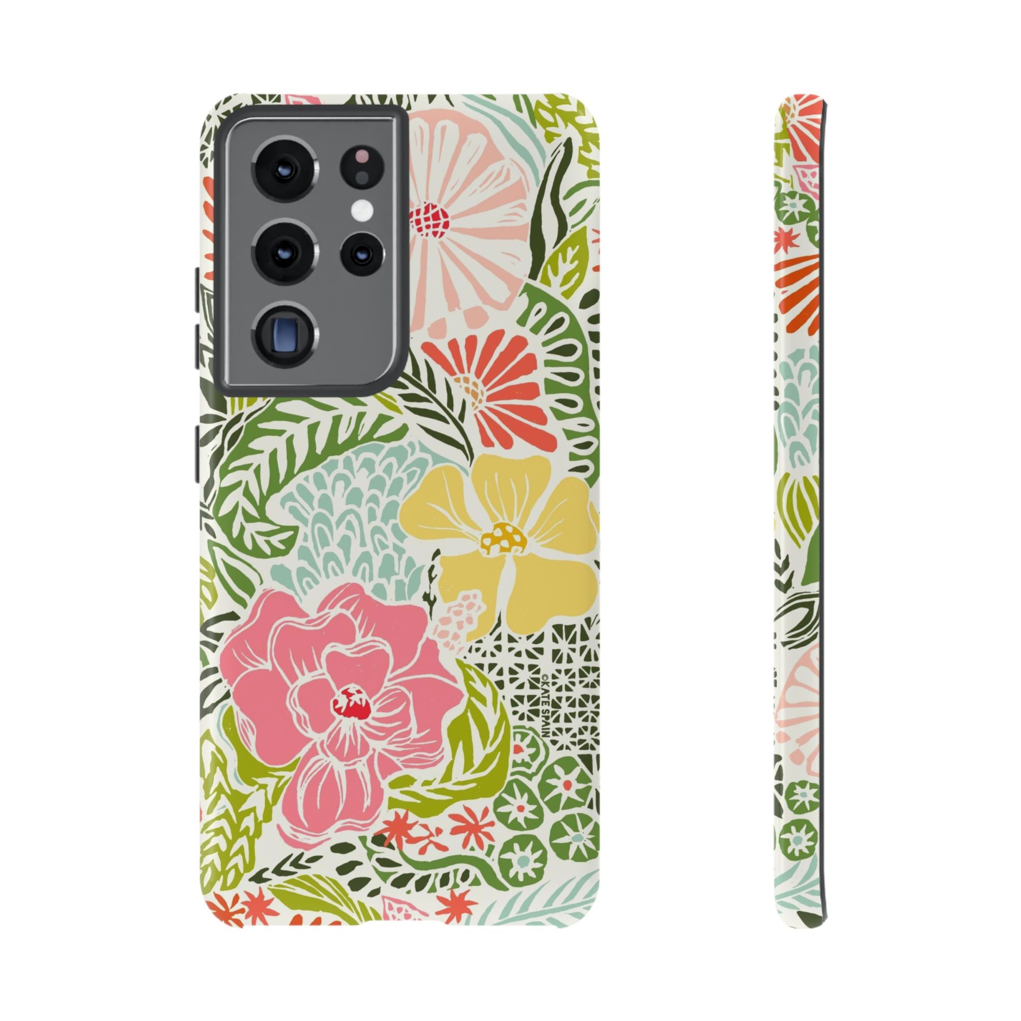 Cute Tropica Samsung Galaxy S21 Ultra Case – Glossy | cream, pink, yellow, blue botanical floral print