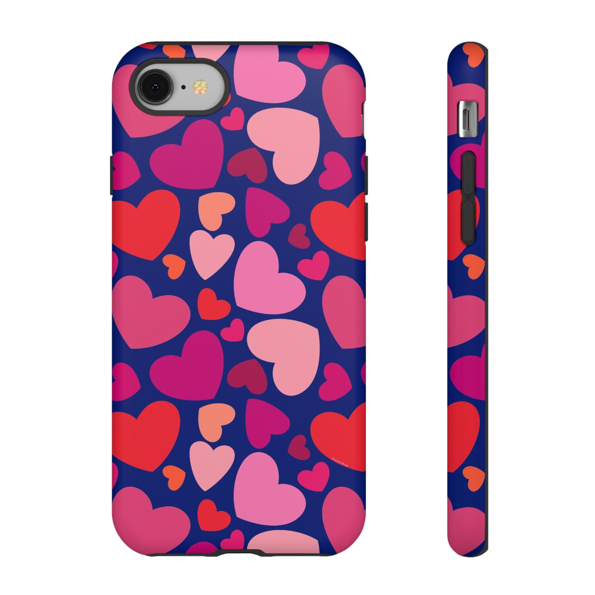 Hearts Tough iPhone 8 Case – Matte | navy, pink, red, coral scattered heart print