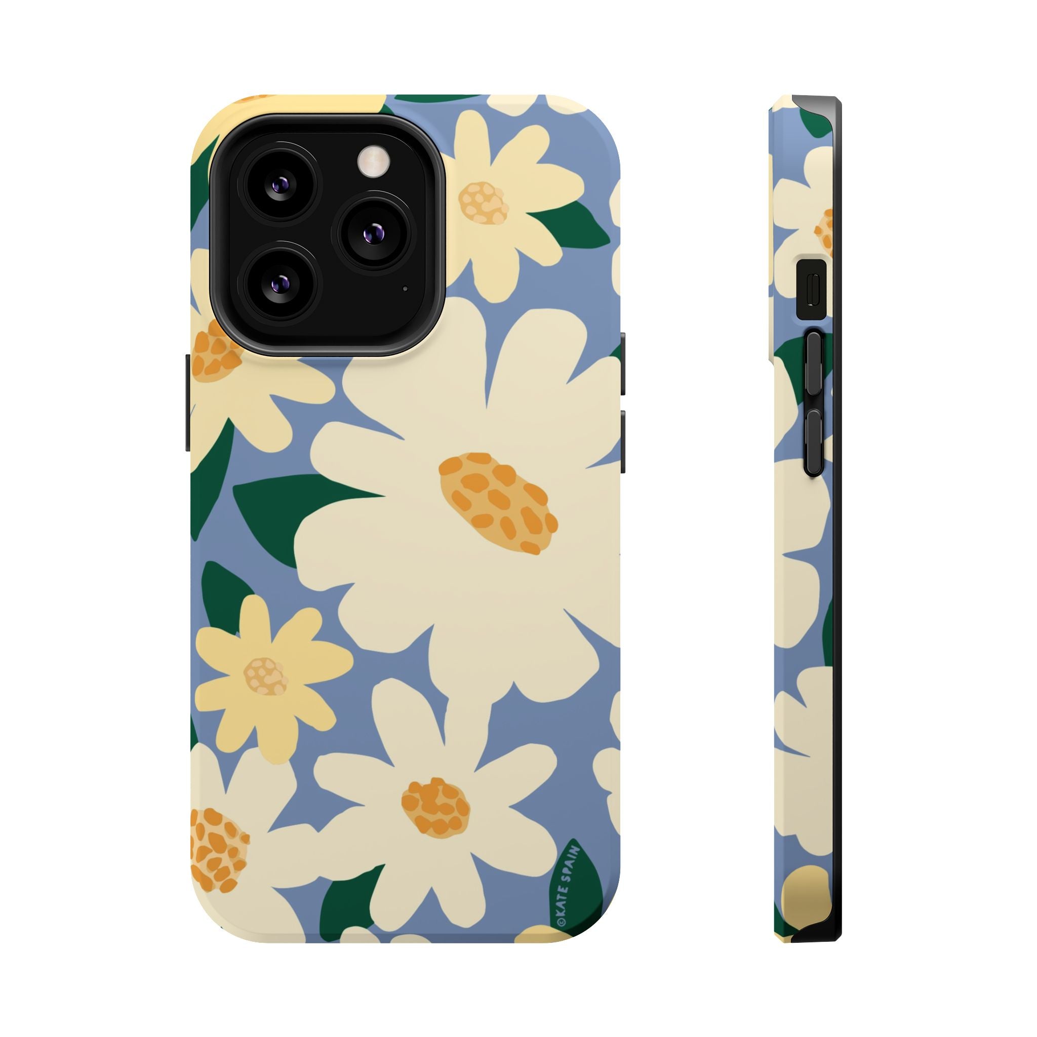 Chamomile MagSafe iPhone 13 Pro Case – Matte | periwinkle, cream, yellow botanical daisy floral print MagSafe compatible, dual-layer protection