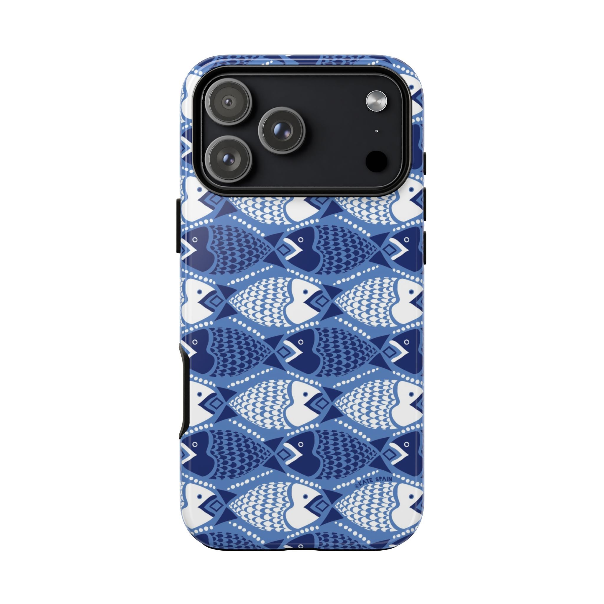 Catch of the Day Tough iPhone 17 Pro Max Case – Glossy | navy, blue, white geometric fish print