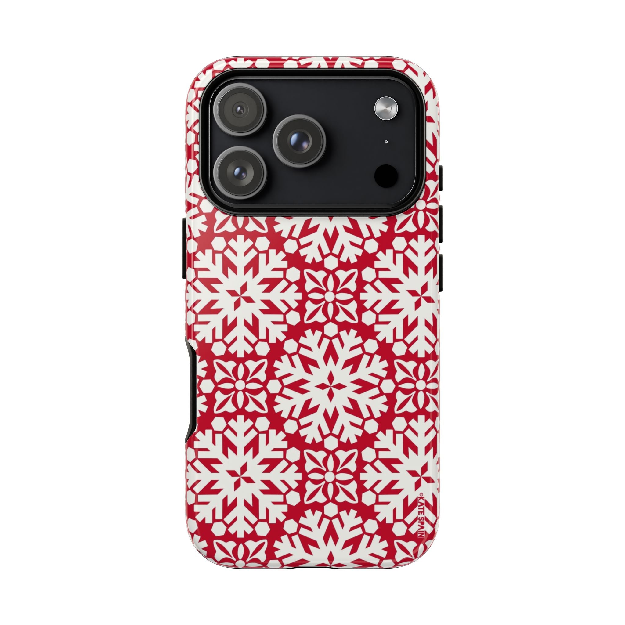 Flurry Tough iPhone 17 Pro Case – Glossy | red, cream geometric snowflake medallion print