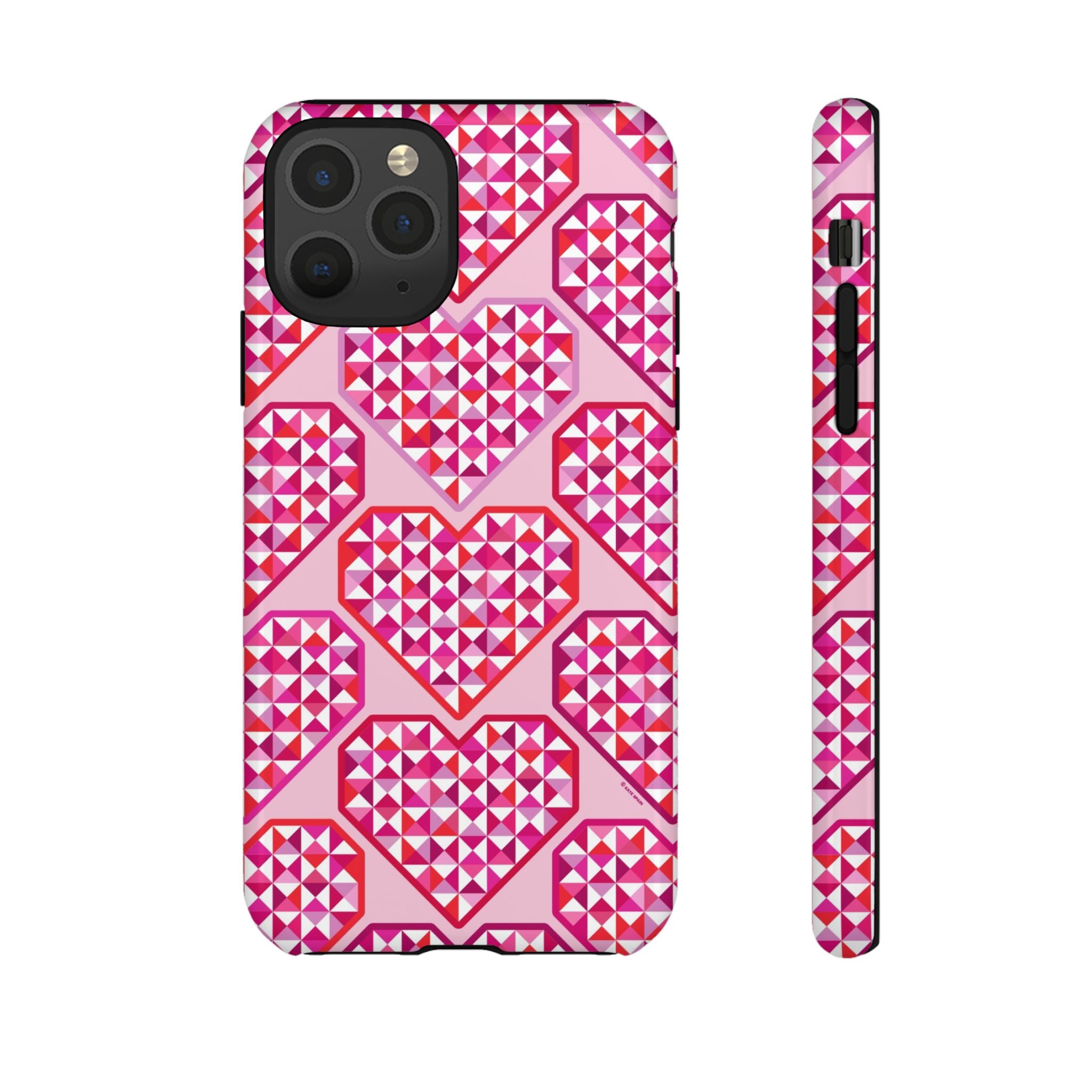 Pink Pyramid Heart Tough iPhone 11 Pro Case – Glossy | blush, pink, magenta, red geometric pyramid heart print