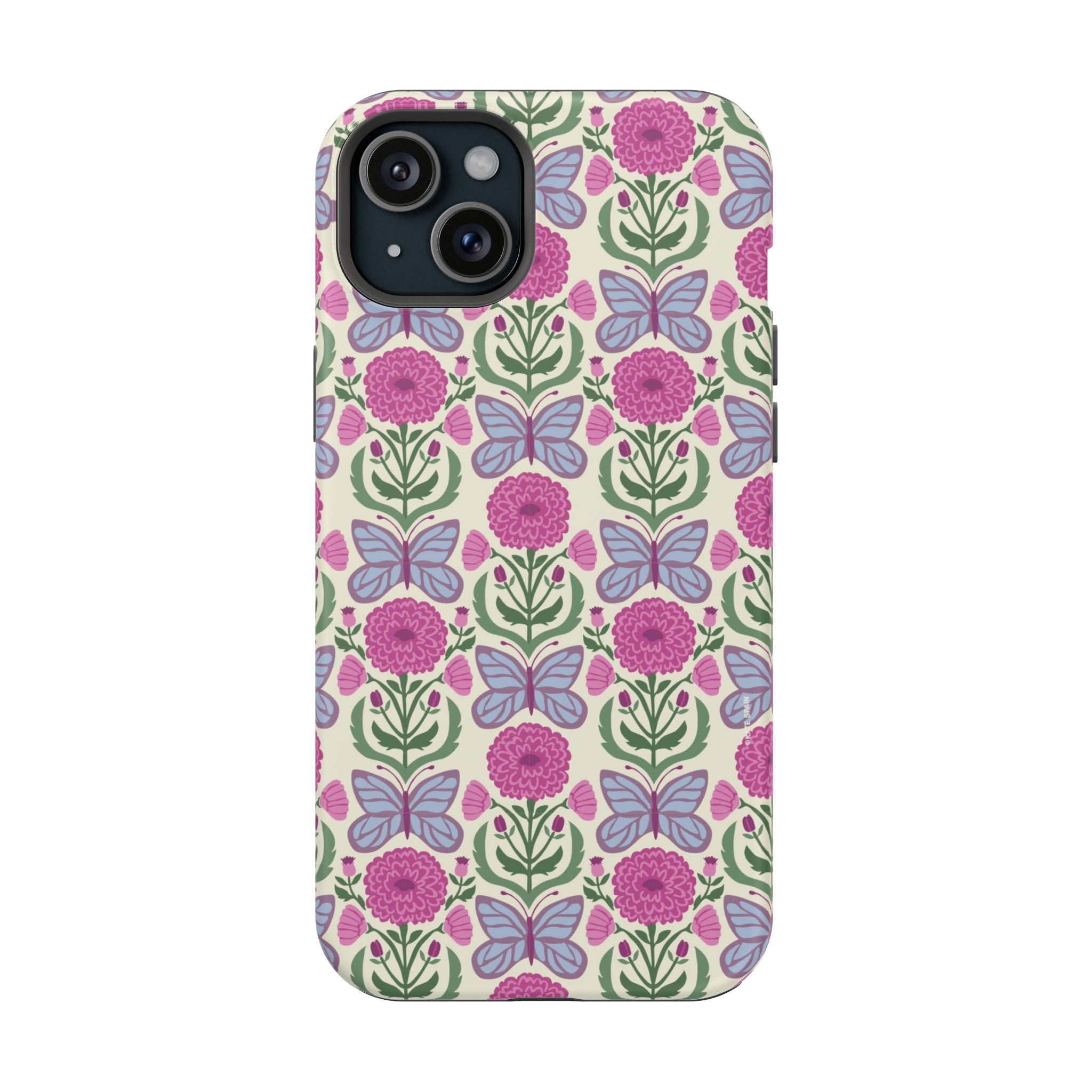 Butterfly MagSafe iPhone 15 Plus Case – Matte | cream, magenta, periwinkle butterfly floral print