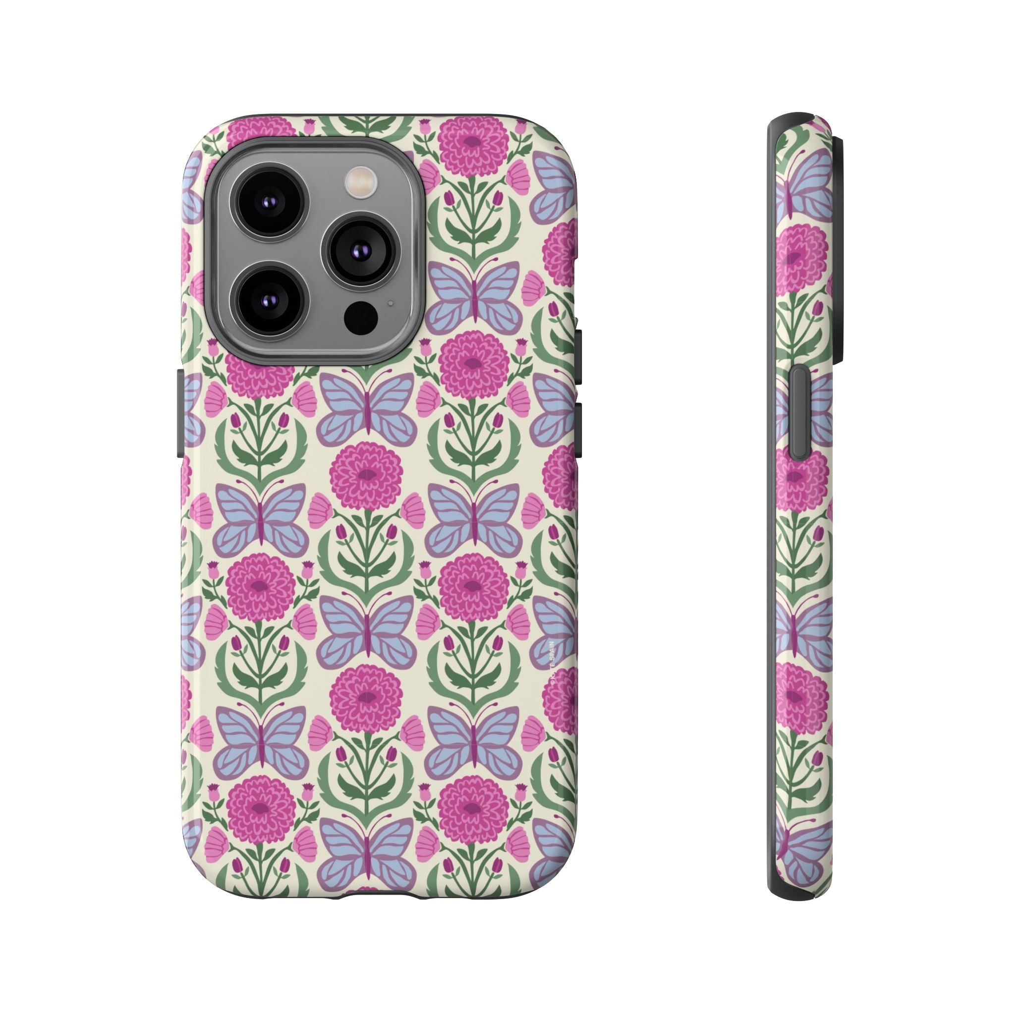 Butterfly Tough iPhone 14 Pro Case – Glossy | cream, magenta, periwinkle butterfly floral print