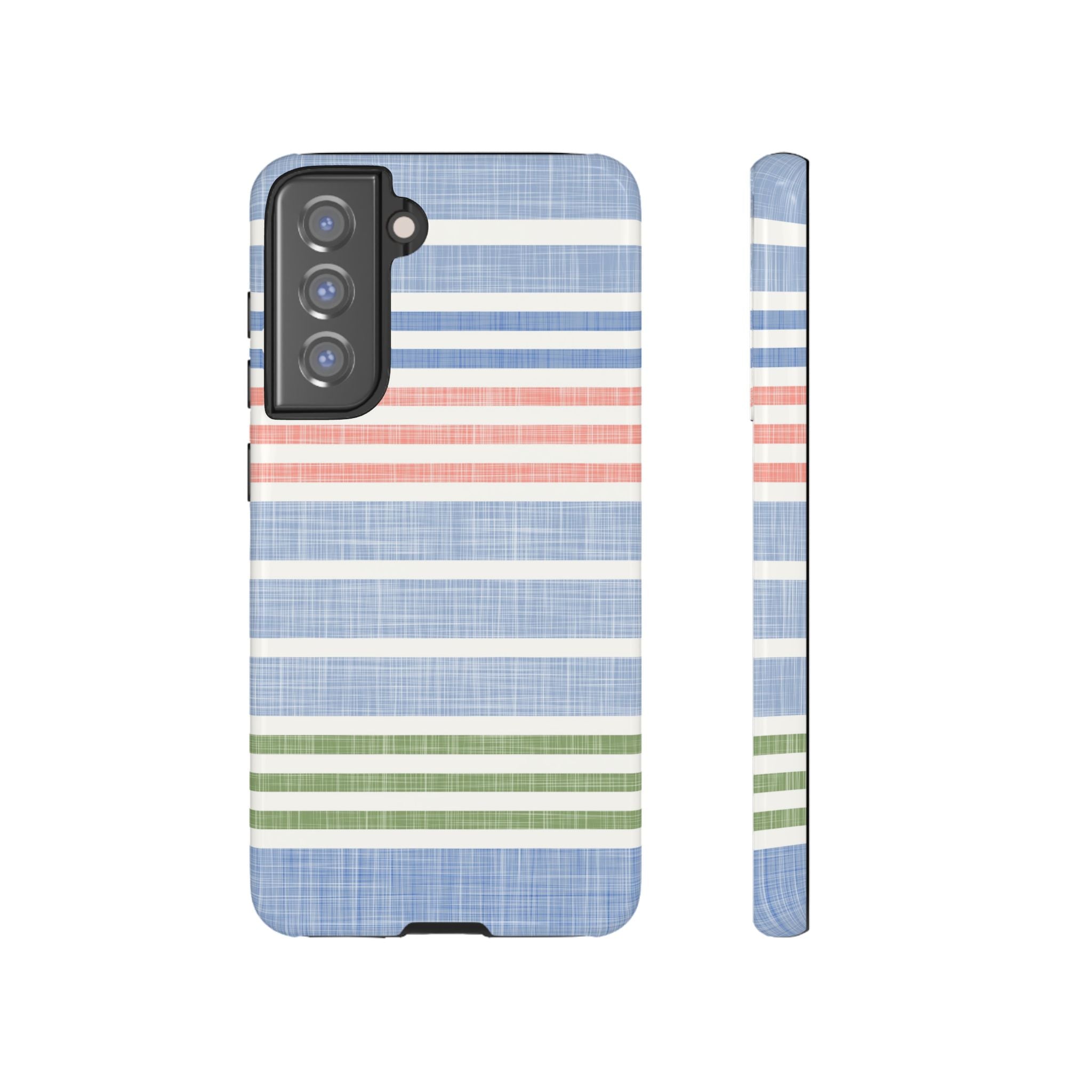Cabana Stripe Pastel Samsung Galaxy S21 FE Case – Glossy | soft blue, coral, sage green chambray-textured stripe print dual-layer protection