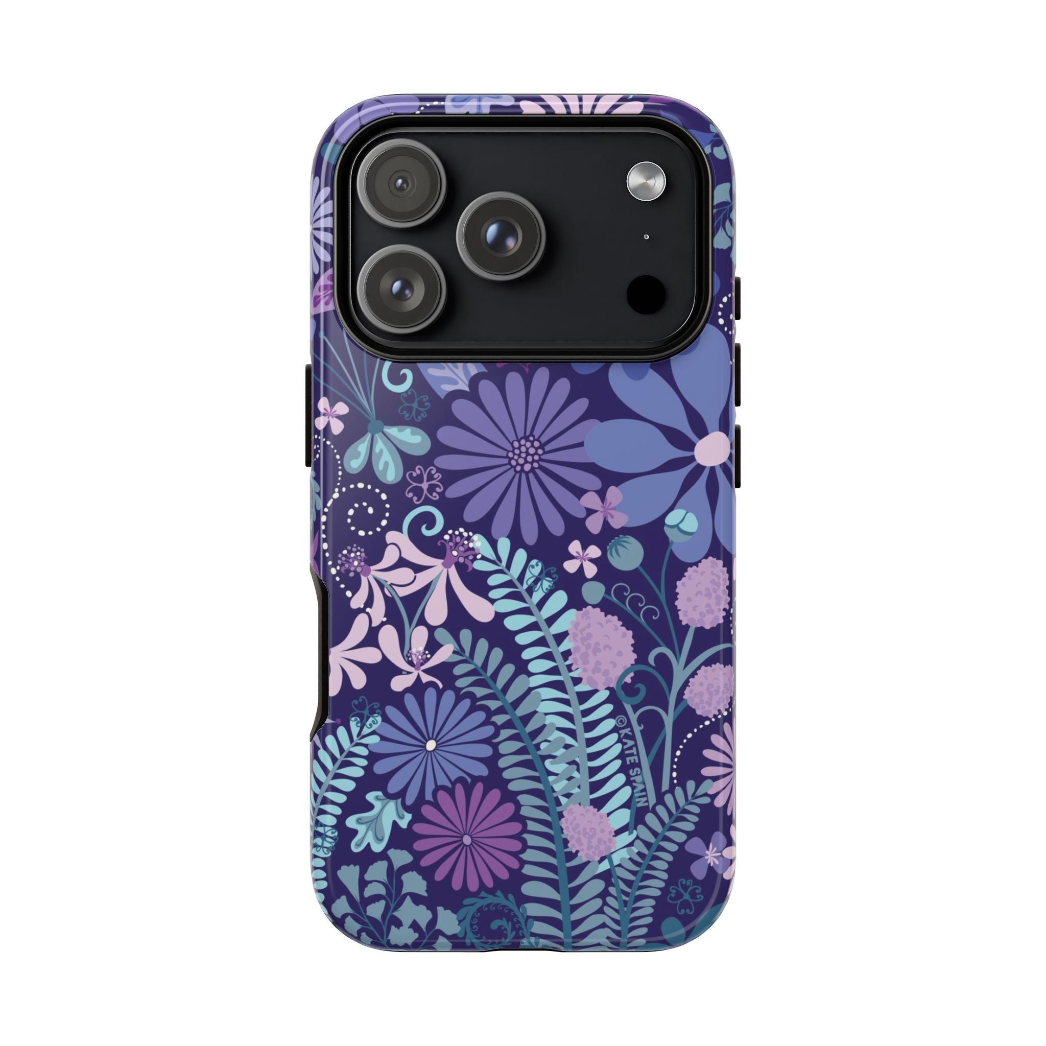 Luxury Terrain Tough iPhone 17 Pro Max Case – glossy | navy, purple, aqua botanical woodland floral print