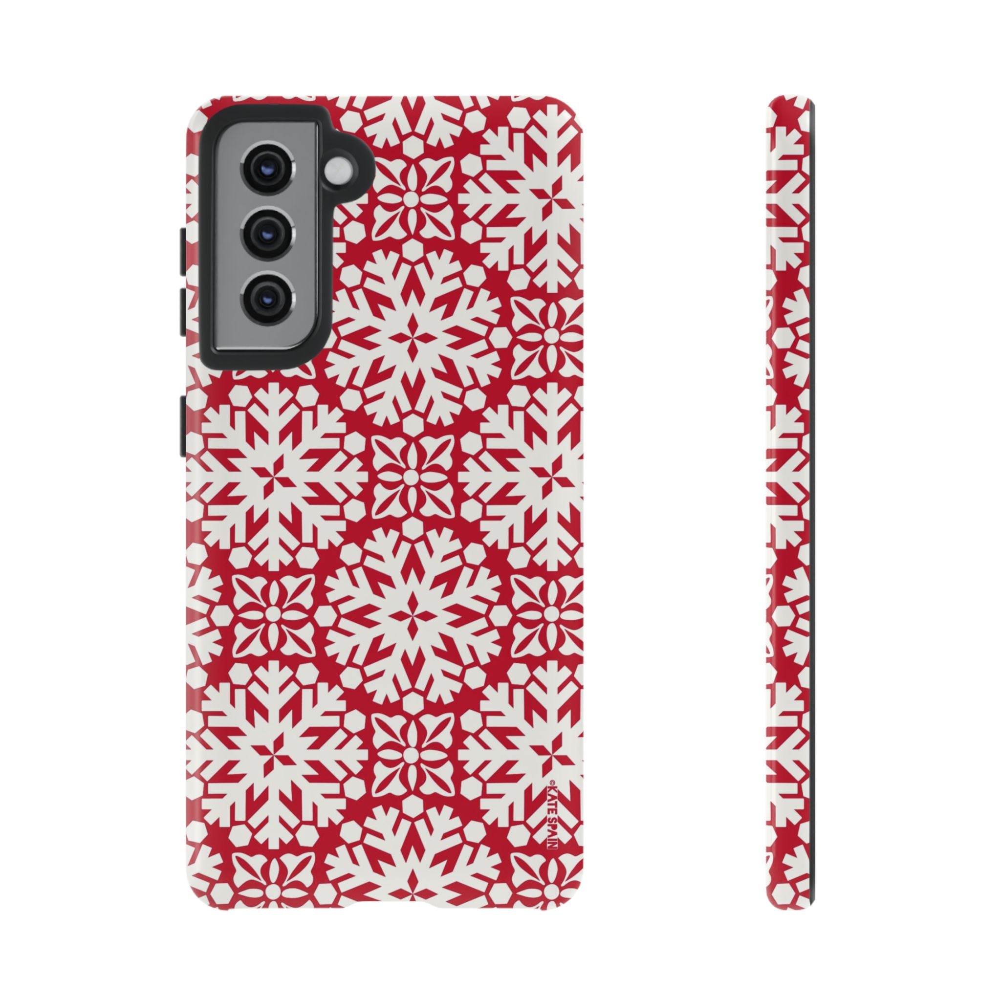 Flurry Samsung Galaxy S21 Case – Glossy | white, red geometric snowflake tile print
