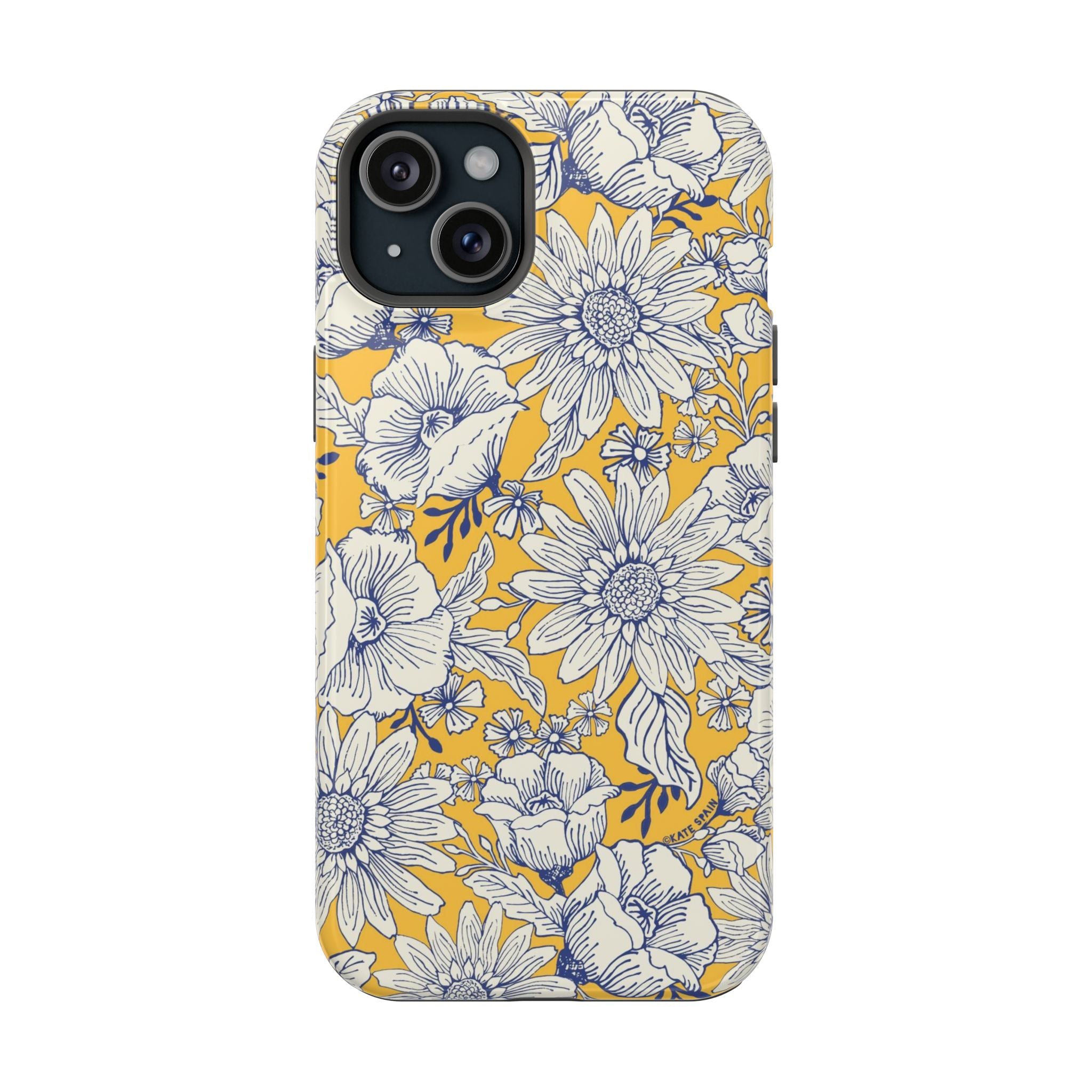 Jardin Luxury MagSafe iPhone 15 Plus Case – Glossy | yellow, cream, blue botanical floral print