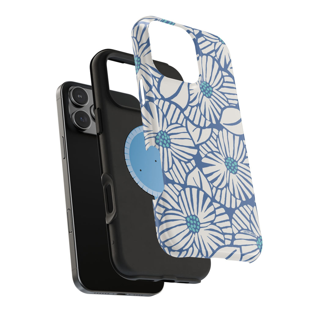 Calendula MagSafe iPhone Case – exploded side view showing dual-layer construction in blue, white, teal kimono botanical print
