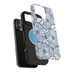 Calendula MagSafe iPhone Case – exploded side view showing dual-layer construction in blue, white, teal kimono botanical print