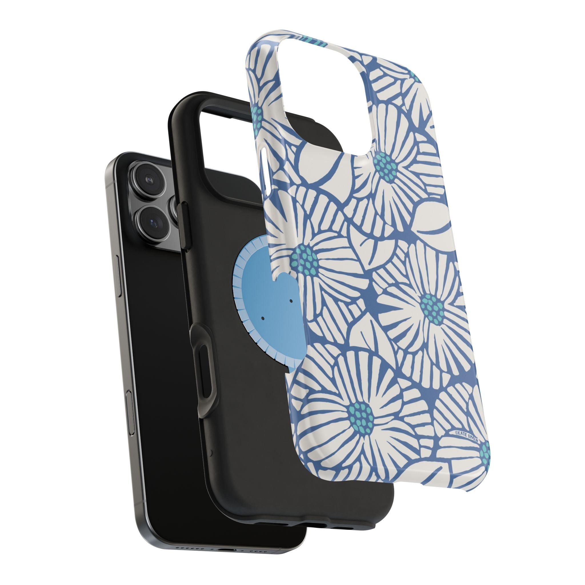 Calendula MagSafe iPhone Case – exploded side view showing dual-layer construction in blue, white, teal kimono botanical print