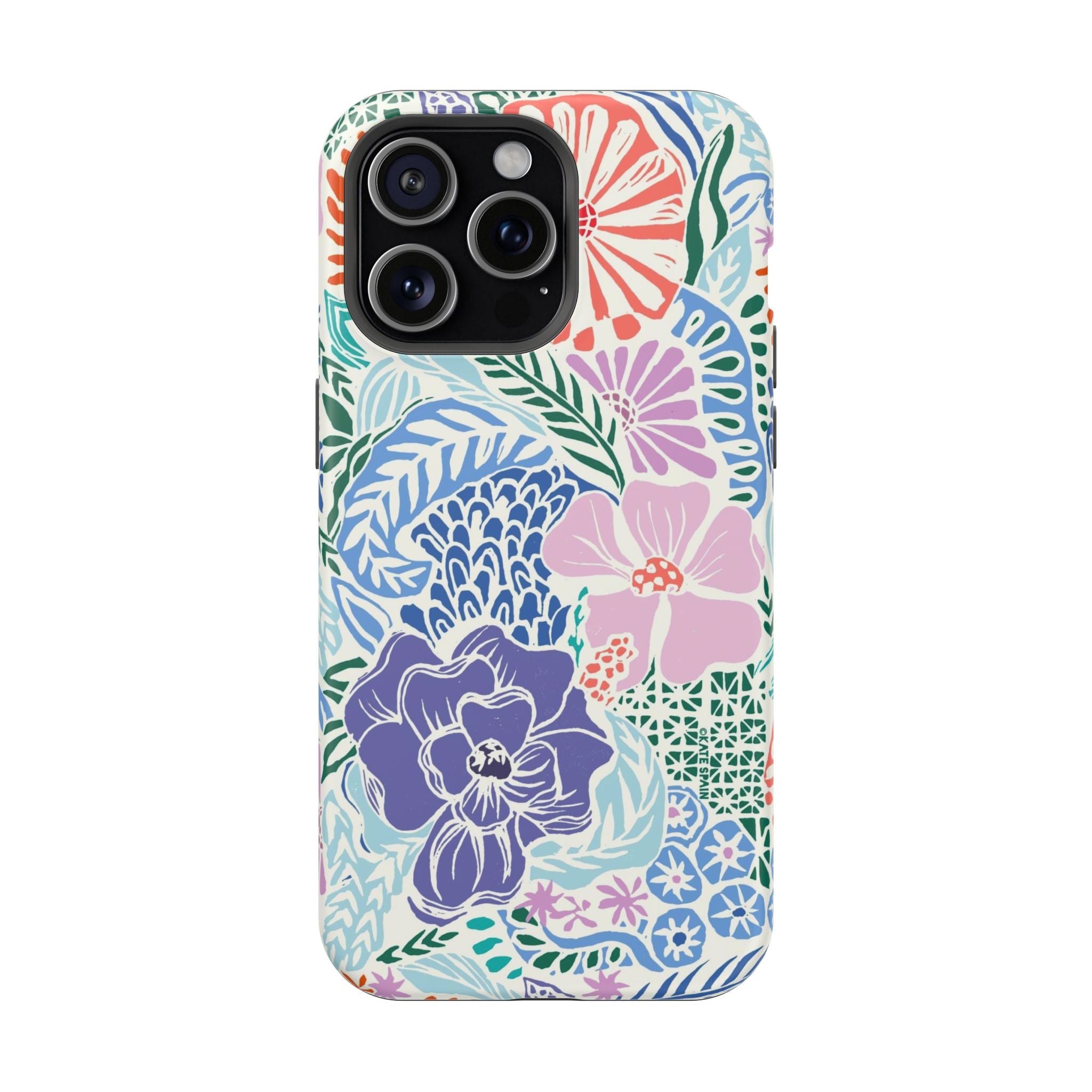 Tropica MagSafe iPhone 15 Pro Max Case – Matte | purple, coral, pink, blue botanical tropical floral print MagSafe compatible, dual-layer protection