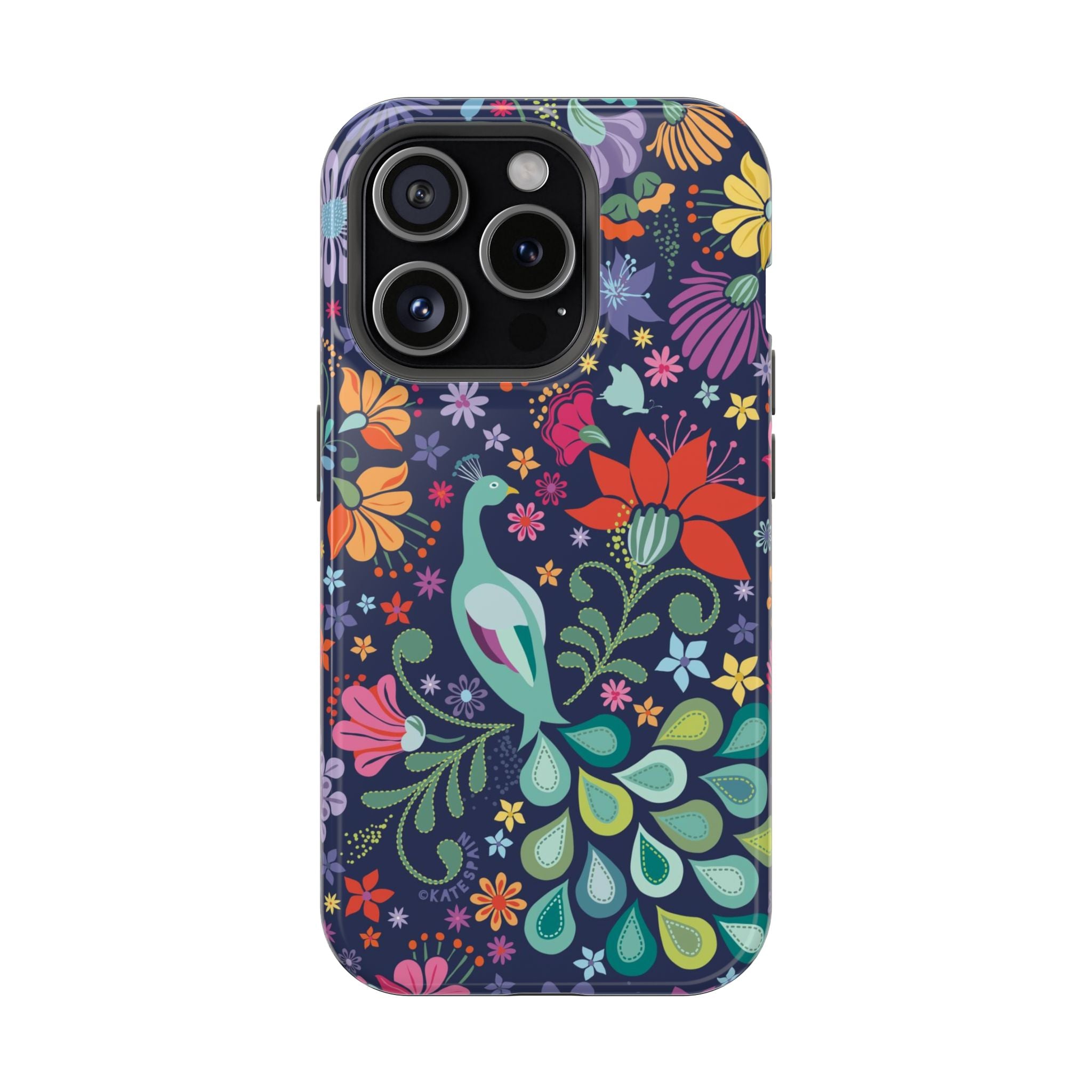 Peacock Sanctuary MagSafe iPhone 15 Pro Case – Glossy | navy, teal, ivory peacock botanical print MagSafe compatible, dual-layer protection