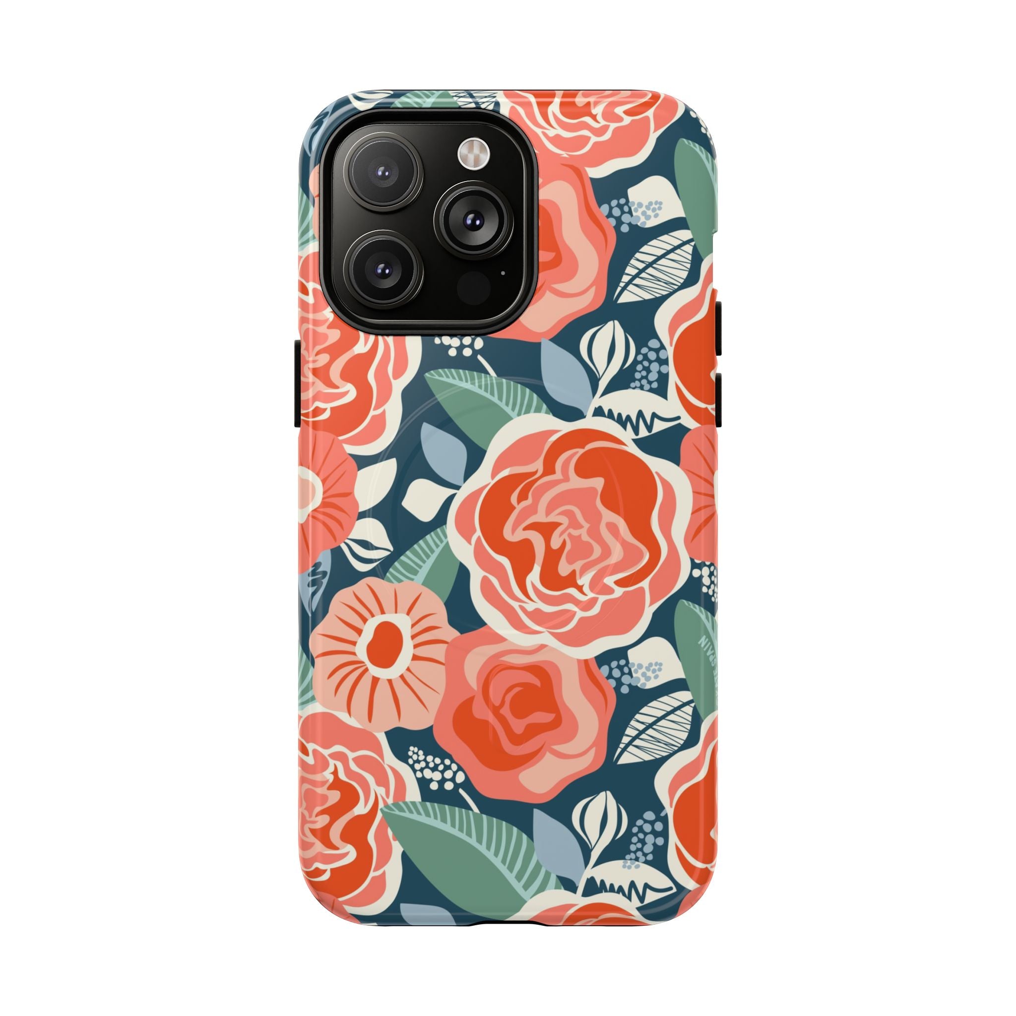 Luxury Tea Rose Navy MagSafe iPhone 14 Pro Max Case – Glossy | navy, coral, peach botanical rose floral print