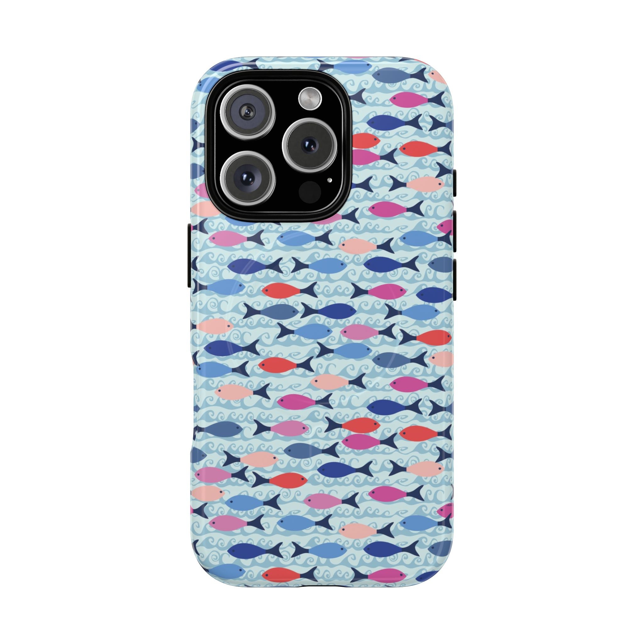 Summer Minnows MagSafe iPhone 16 Pro Case – Glossy | navy, coral, pink, and periwinkle fish on a pale aqua ground