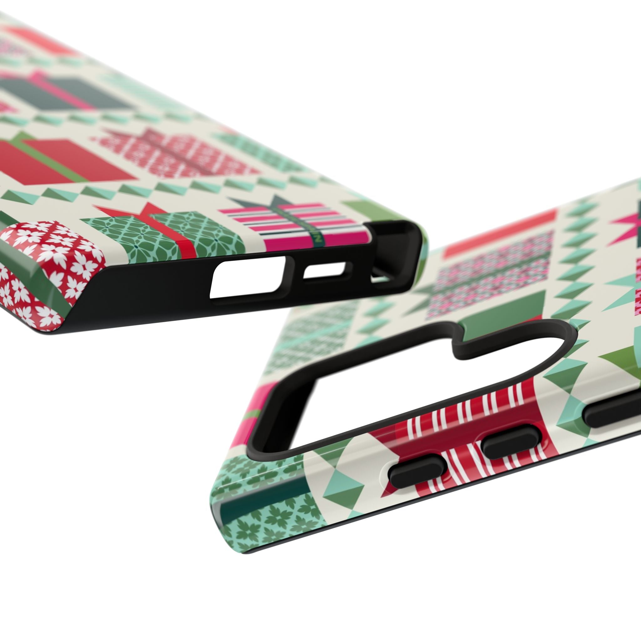 All Wrapped Up Samsung S26 Ultra Case – close-up view of ports and buttons in case | cream, red, pink, green, mint geometric gift wrap holiday print