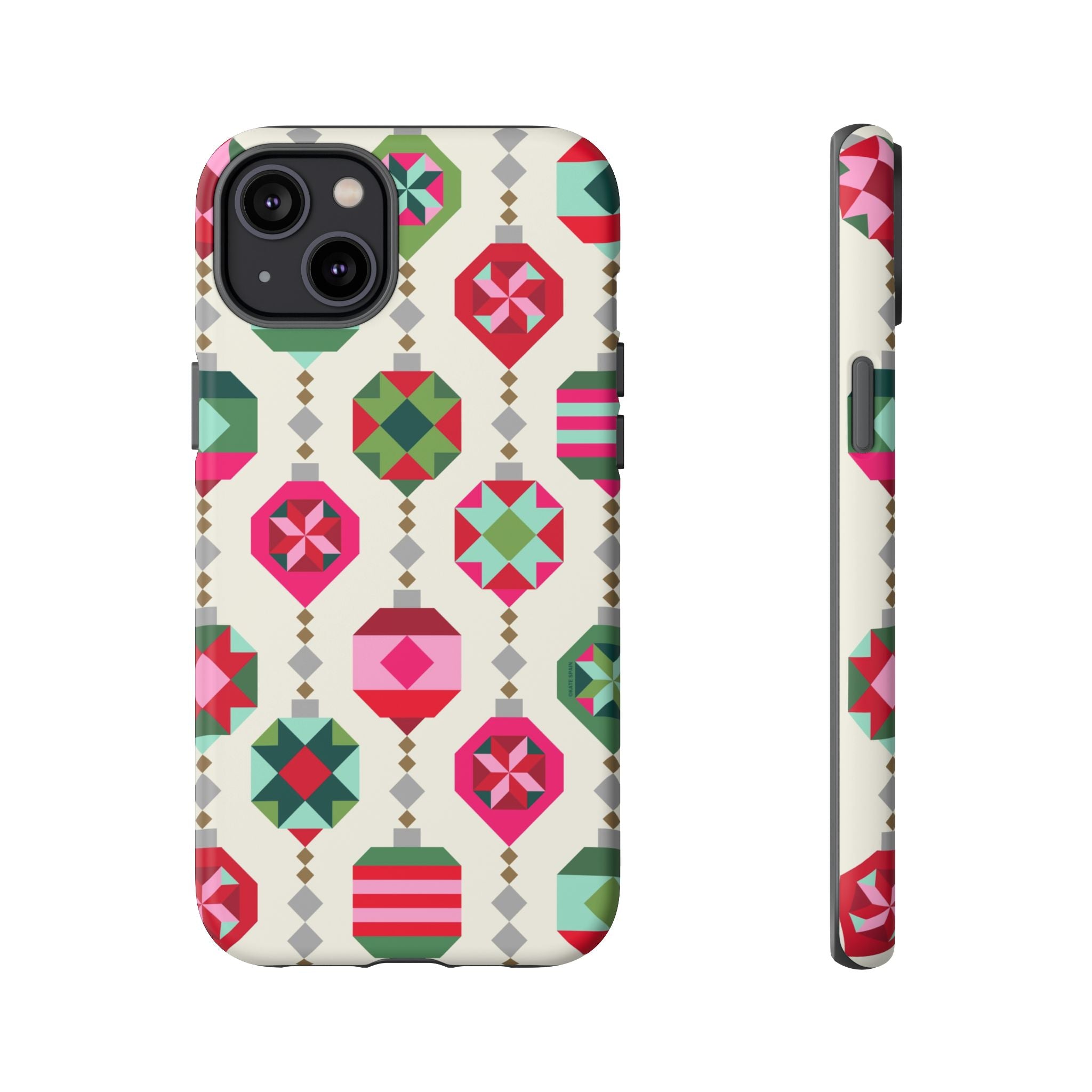 Felicity Ornaments Tough iPhone 14 Plus Case – Matte | cream, red, pink, green, mint geometric quilted ornament print