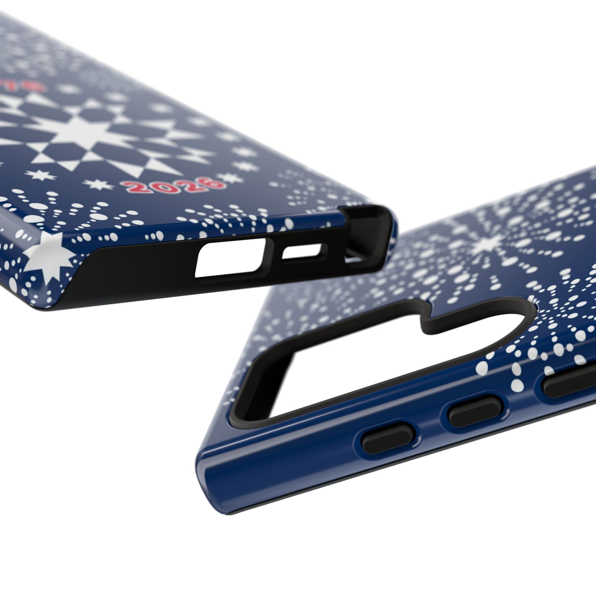 250th Fireworks Samsung Galaxy S24 Ultra Case – close-up of case ports, buttons. and camera cut-out; case in navy, white patriotic star quilt fireworks print