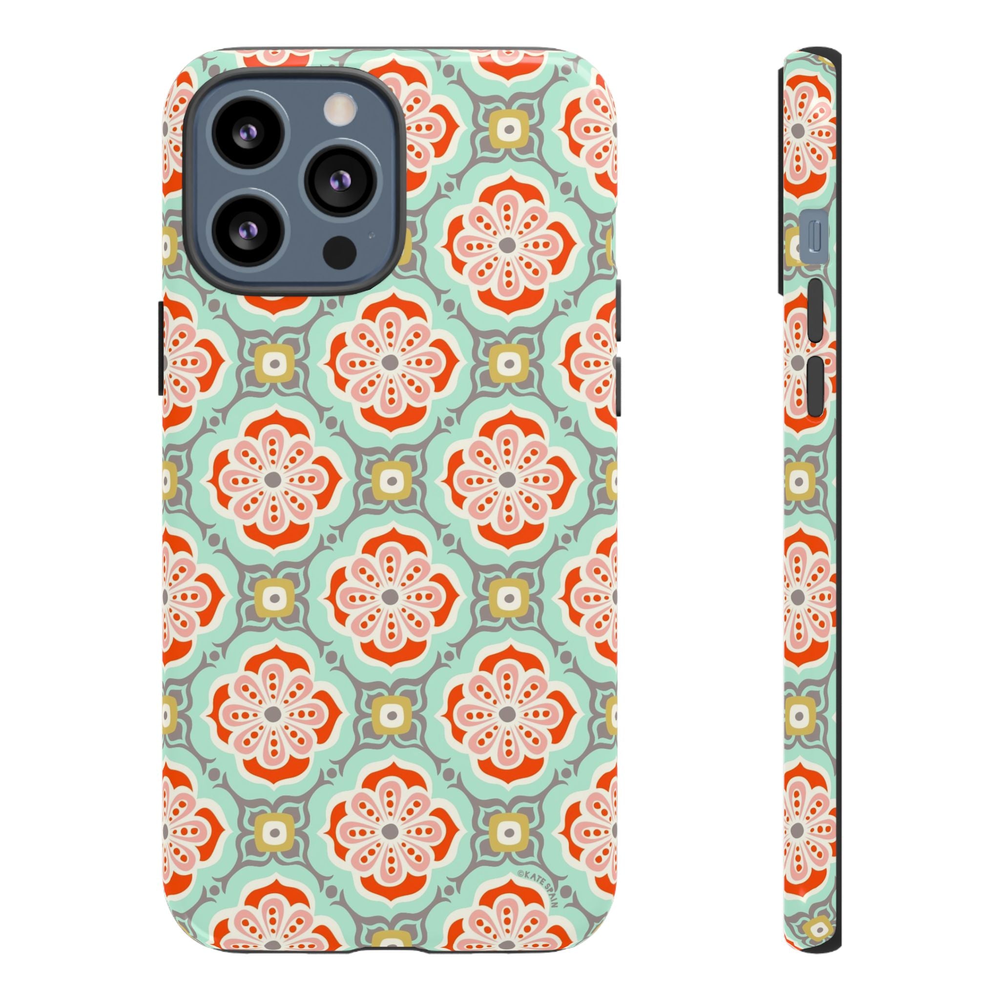 Alhambra Tough iPhone 13 Pro Max Case – Glossy | aqua, coral, blush geometric medallion floral print