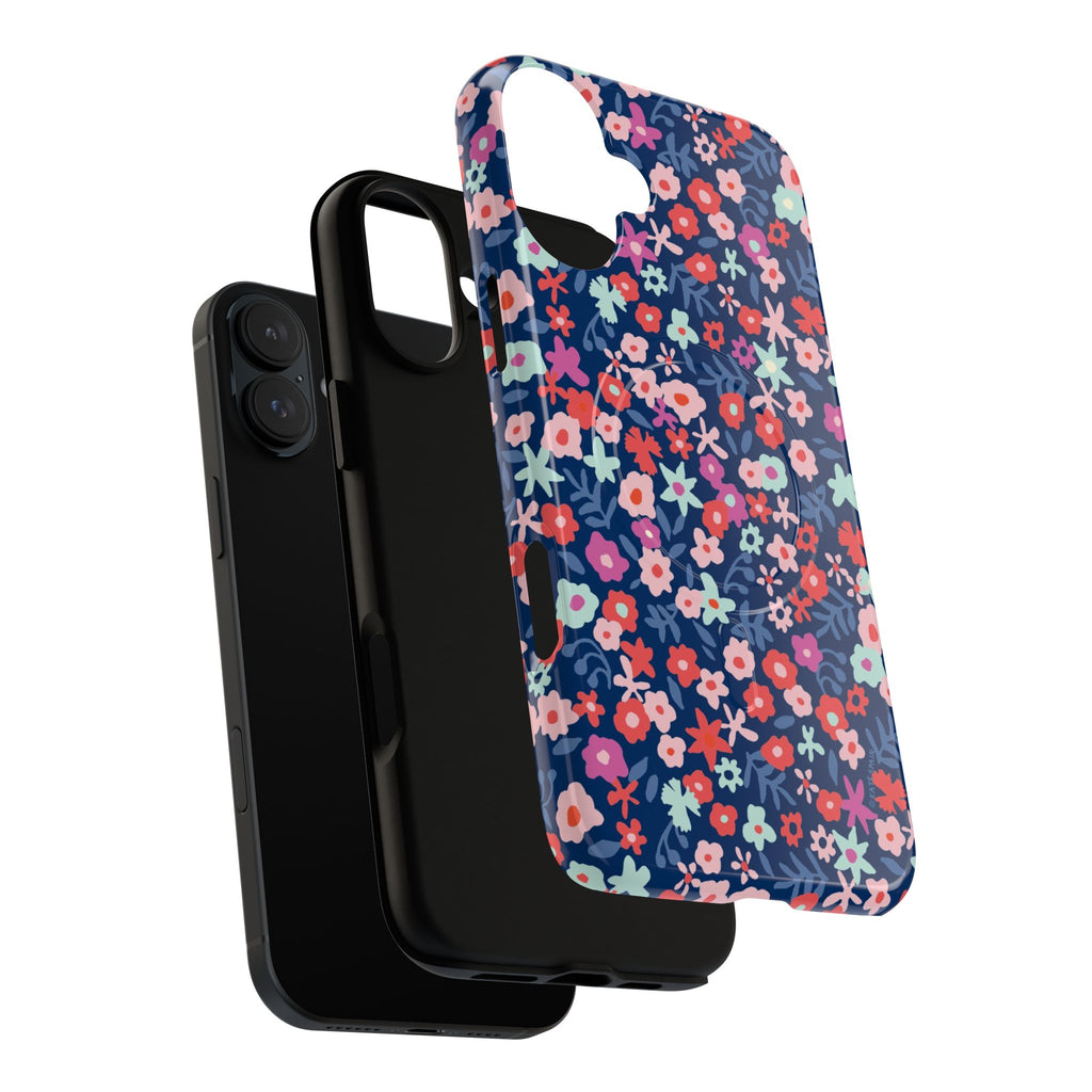 Primrose MagSafe iPhone 17 Case – Dual-layered view of case and inner lining in front of phone, with view of camera cutout and buttons | navy, pink, white ditsy floral print