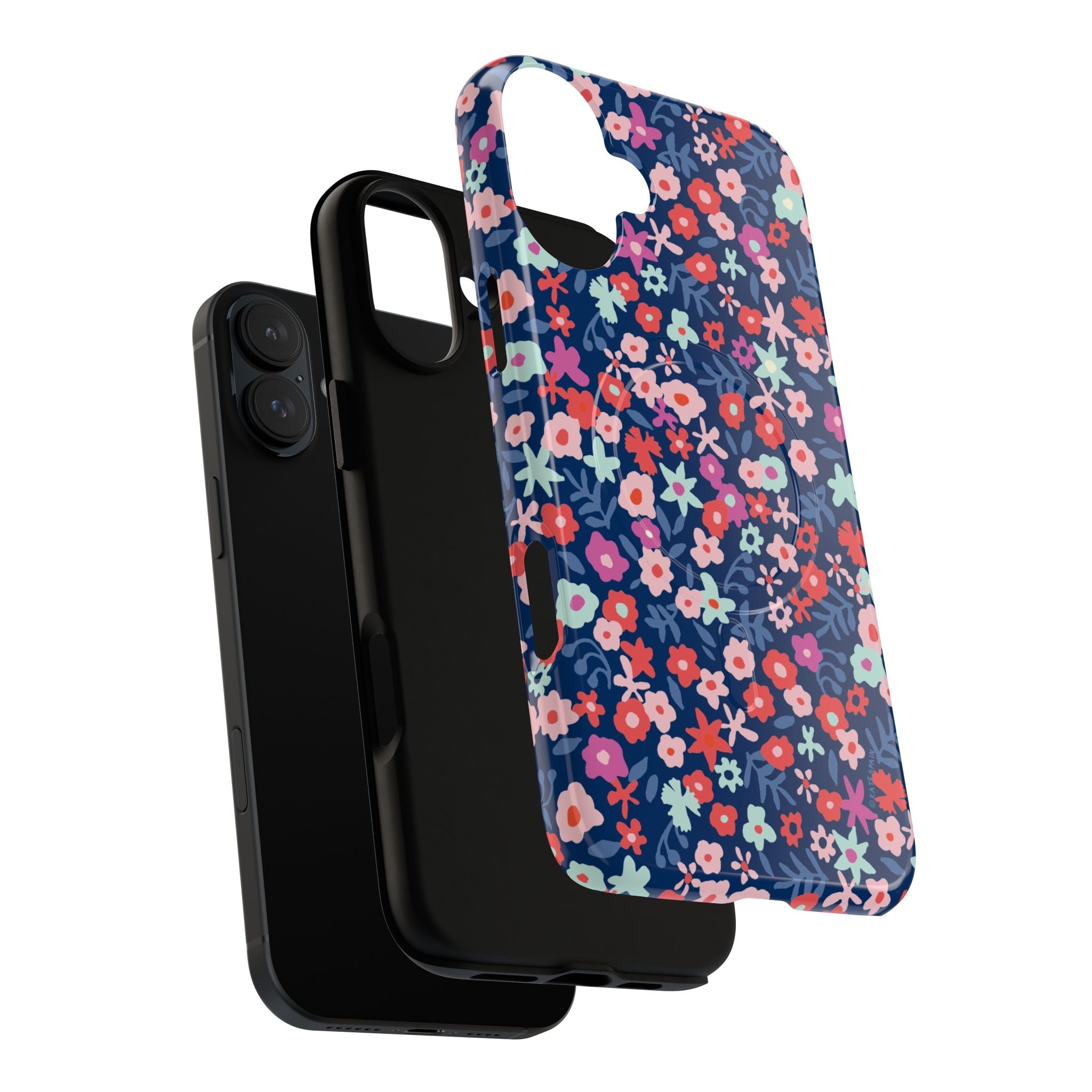 Primrose MagSafe iPhone 17 Case – Dual-layered view of case and inner lining in front of phone, with view of camera cutout and buttons | navy, pink, white ditsy floral print