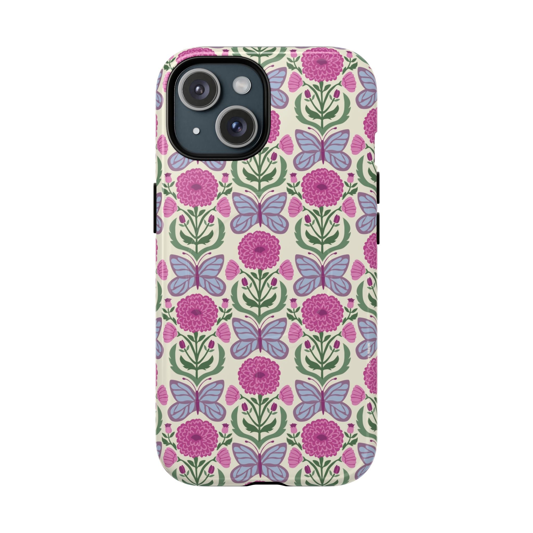 Butterfly MagSafe iPhone 15 Case – Glossy | cream, magenta, periwinkle butterfly floral print