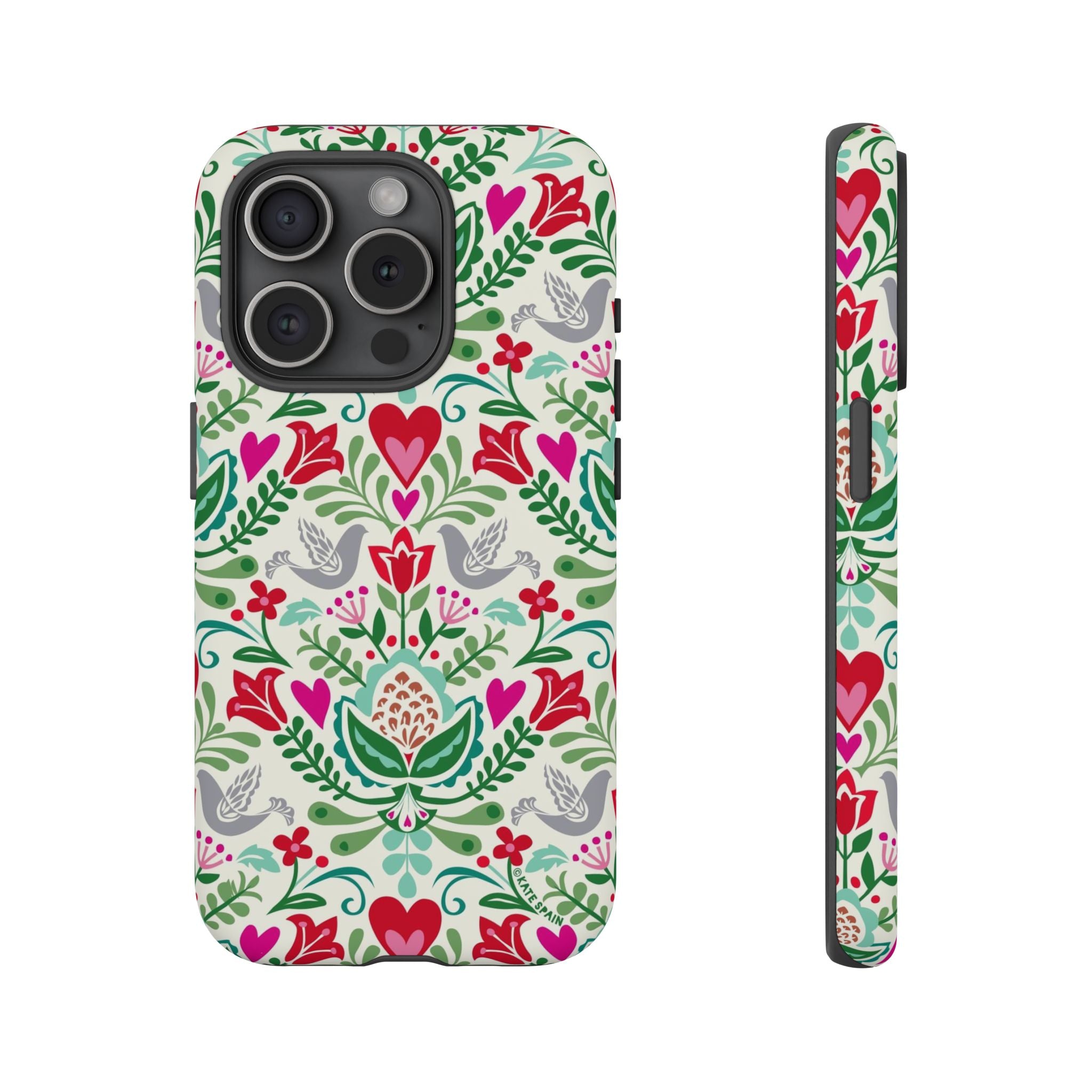 Rosemaling Tough iPhone 15 Pro Case – Matte | cream, red, pink, green, gray folk art floral bird print