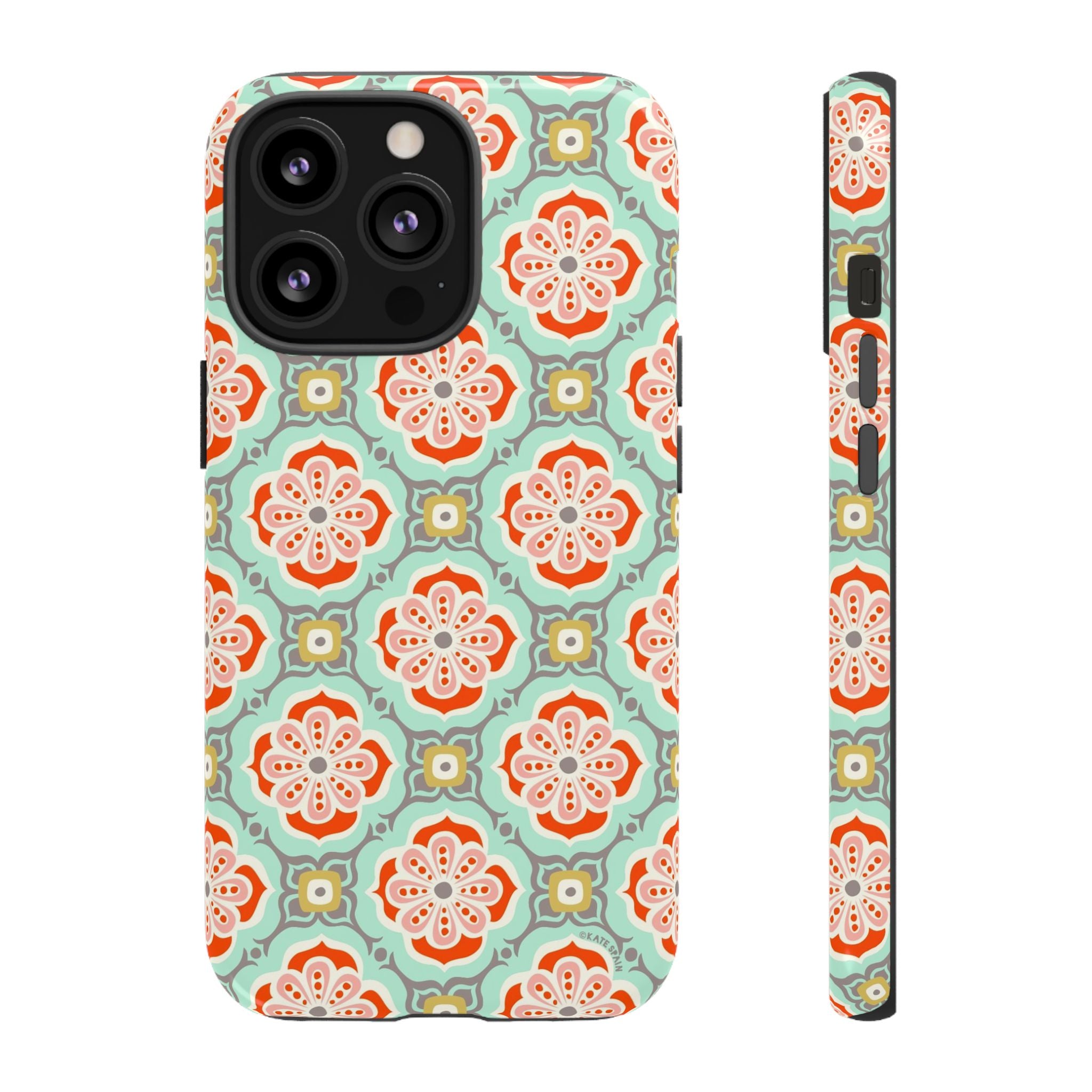 Alhambra Tough iPhone 13 Pro Case – Glossy | aqua, coral, blush geometric medallion floral print