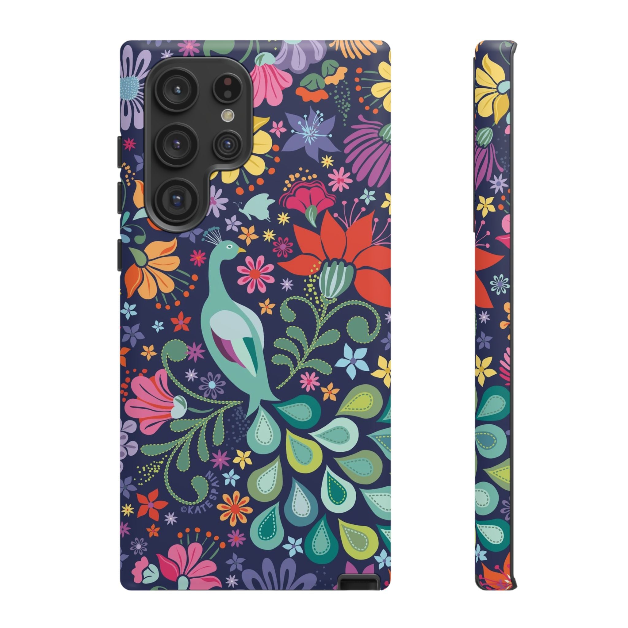 Luxury Peacock Sanctuary Samsung Galaxy S22 Ultra Case – Matte | navy, teal, coral multicolor vibrant peacock feather botanical print