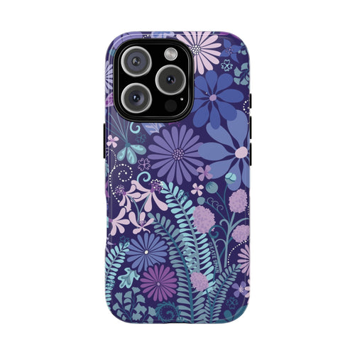 Luxury Terrain Tough iPhone 16 Pro Case – Glossy | navy, purple, aqua botanical woodland floral print