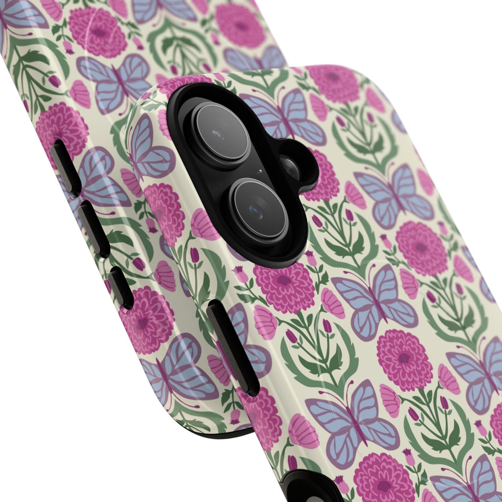 Butterfly MagSafe iPhone 17 Case – Glossy | cream, magenta, periwinkle butterfly floral print | angled view closeup of camera cutout and buttons