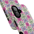 Butterfly MagSafe iPhone 17 Case – Glossy | cream, magenta, periwinkle butterfly floral print | angled view closeup of camera cutout and buttons