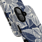 Vintage Bloom Navy MagSafe iPhone 17 Case – Glossy | navy ground, large-scale white clematis print, engraved petal detail | side angled view closeup of camera cutout and buttons