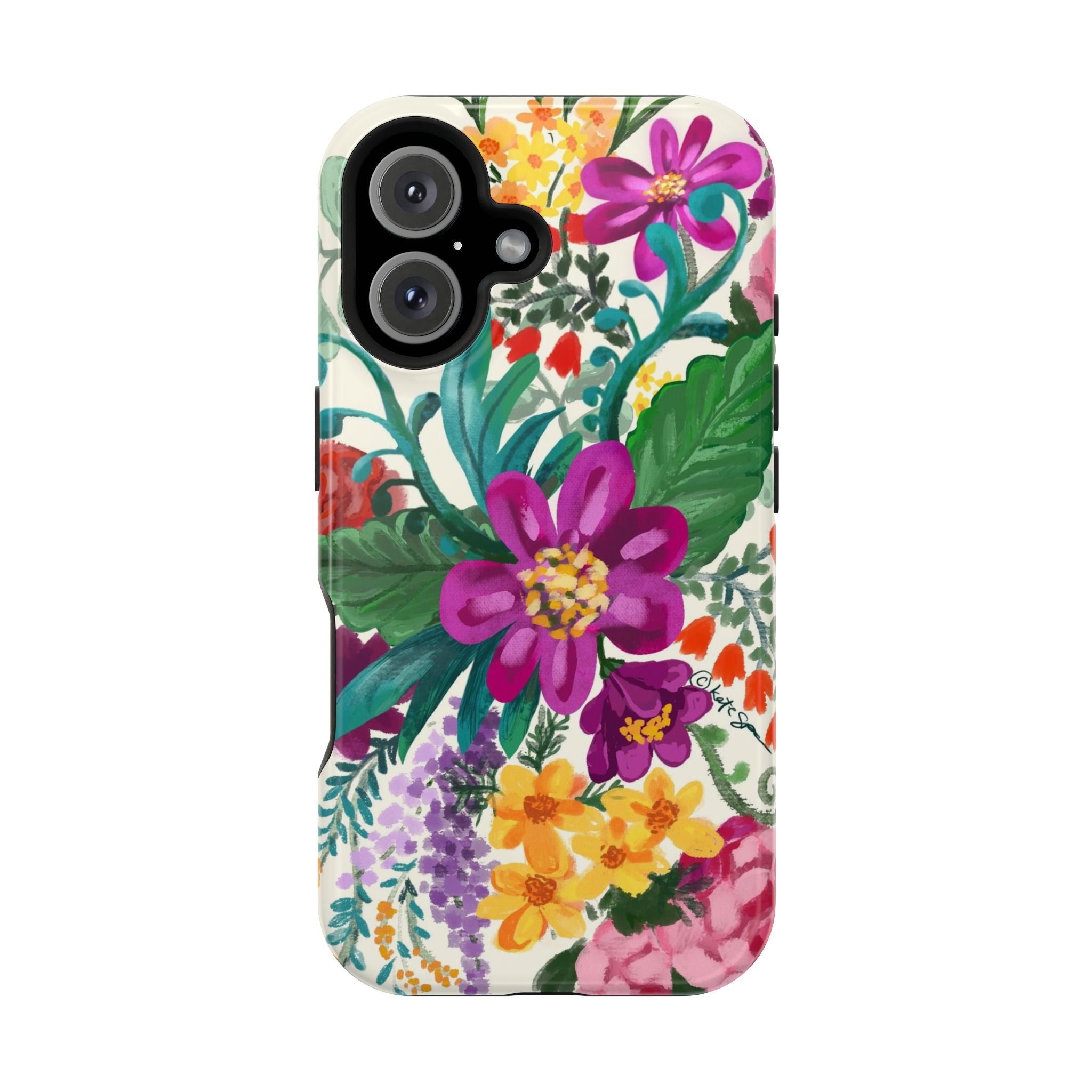 Posy MagSafe iPhone 16 Case – Glossy | white, magenta, yellow, purple vibrant botanical floral print
