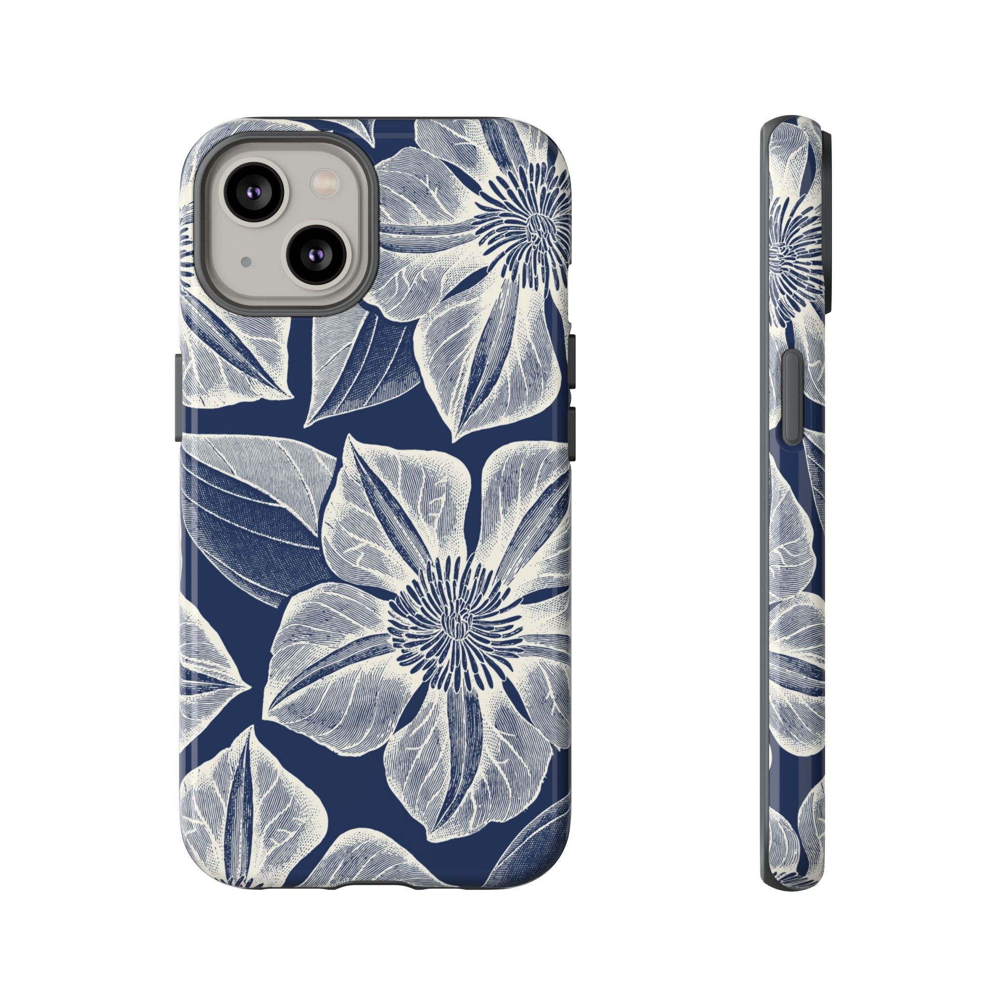 Vintage Bloom Navy iPhone 14 case – Glossy | navy ground, large-scale cream clematis print, engraved petal detail, dual-layer protection