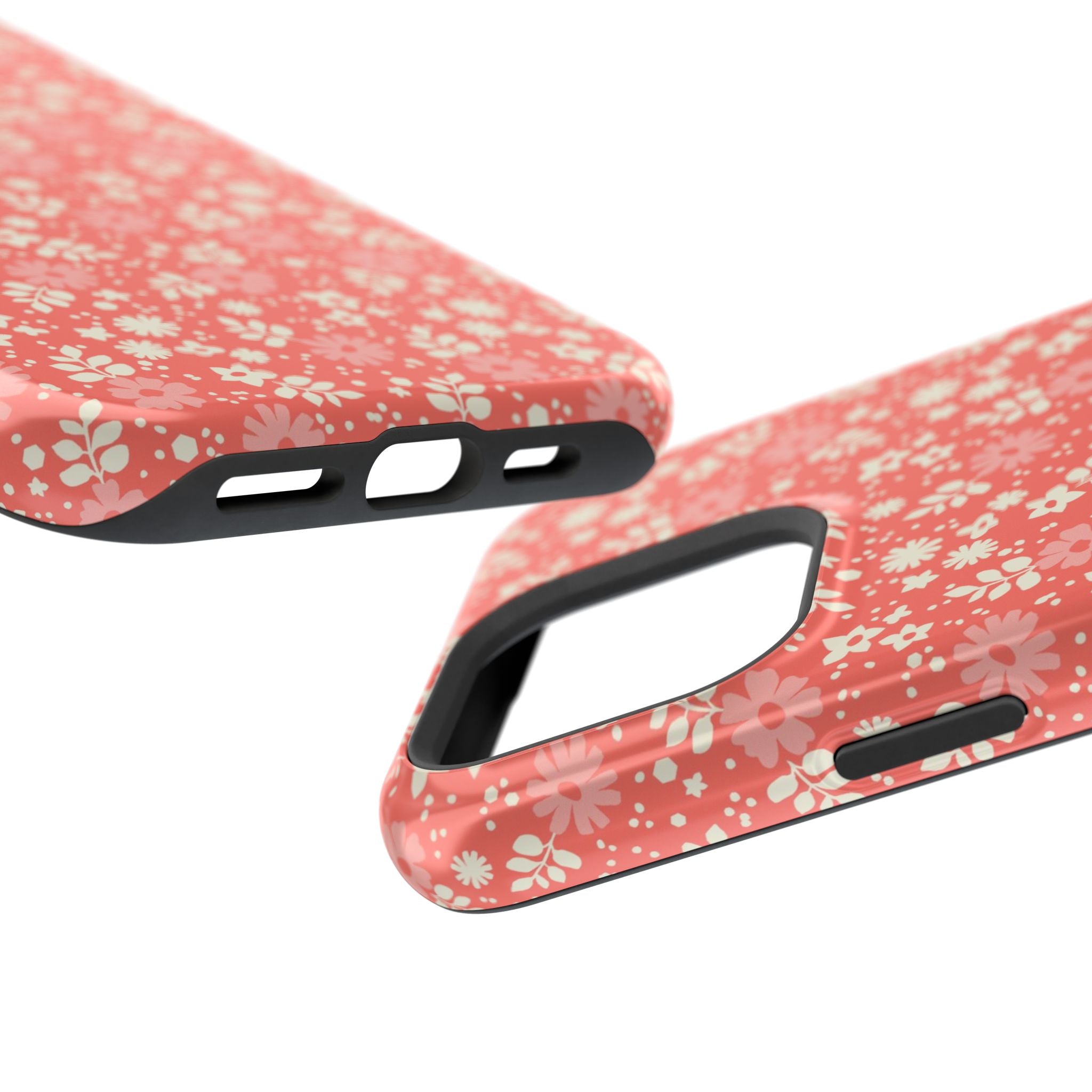 Petaline MagSafe iPhone 16 Pro Max Case – Glossy | close-up of ports, button, and camera cut-out in case in coral, cream, blush dainty ditsy daisy floral print