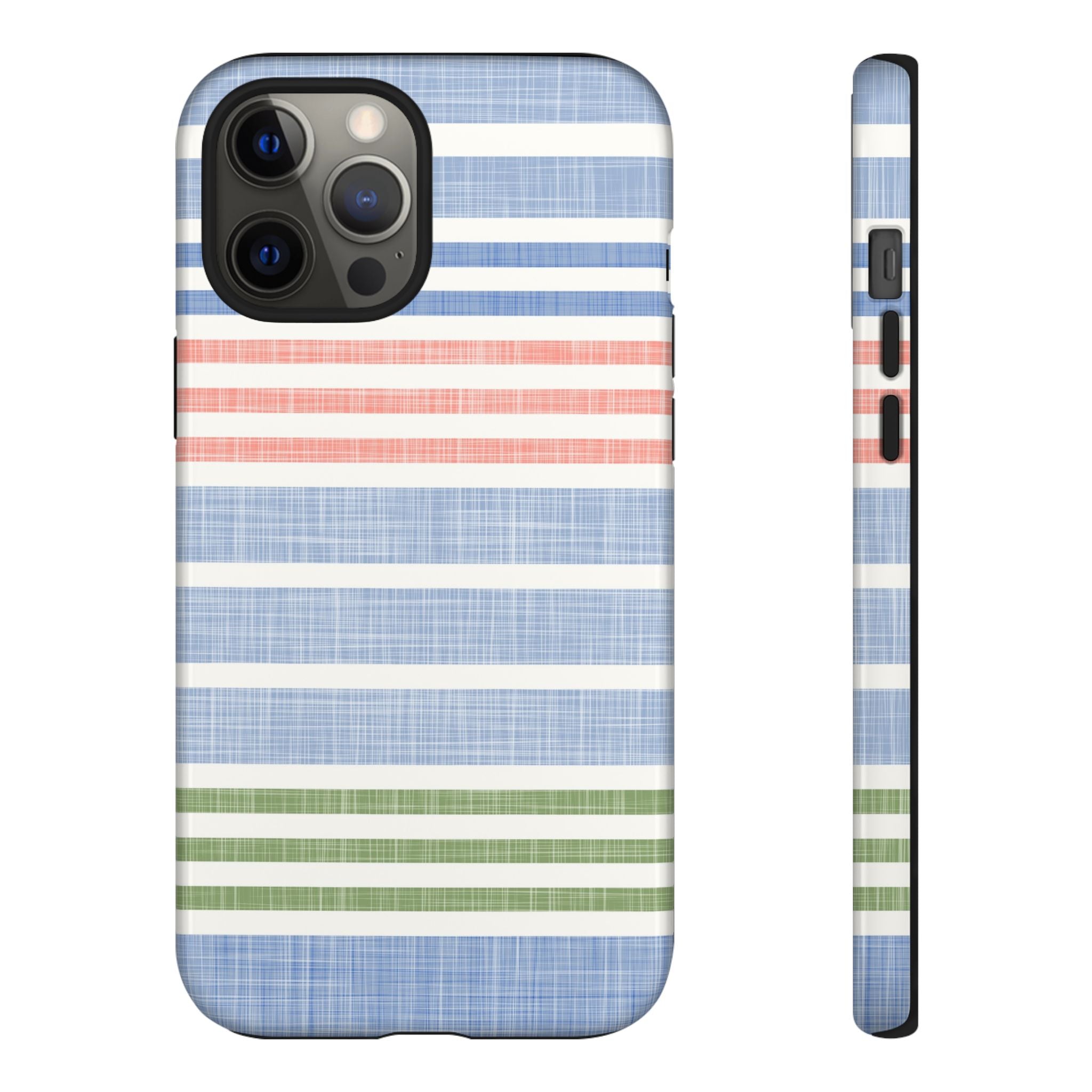 Cabana Stripe Pastel Tough iPhone 12 Pro Max Case – Glossy | soft blue, coral, sage green chambray-textured stripe print dual-layer protection