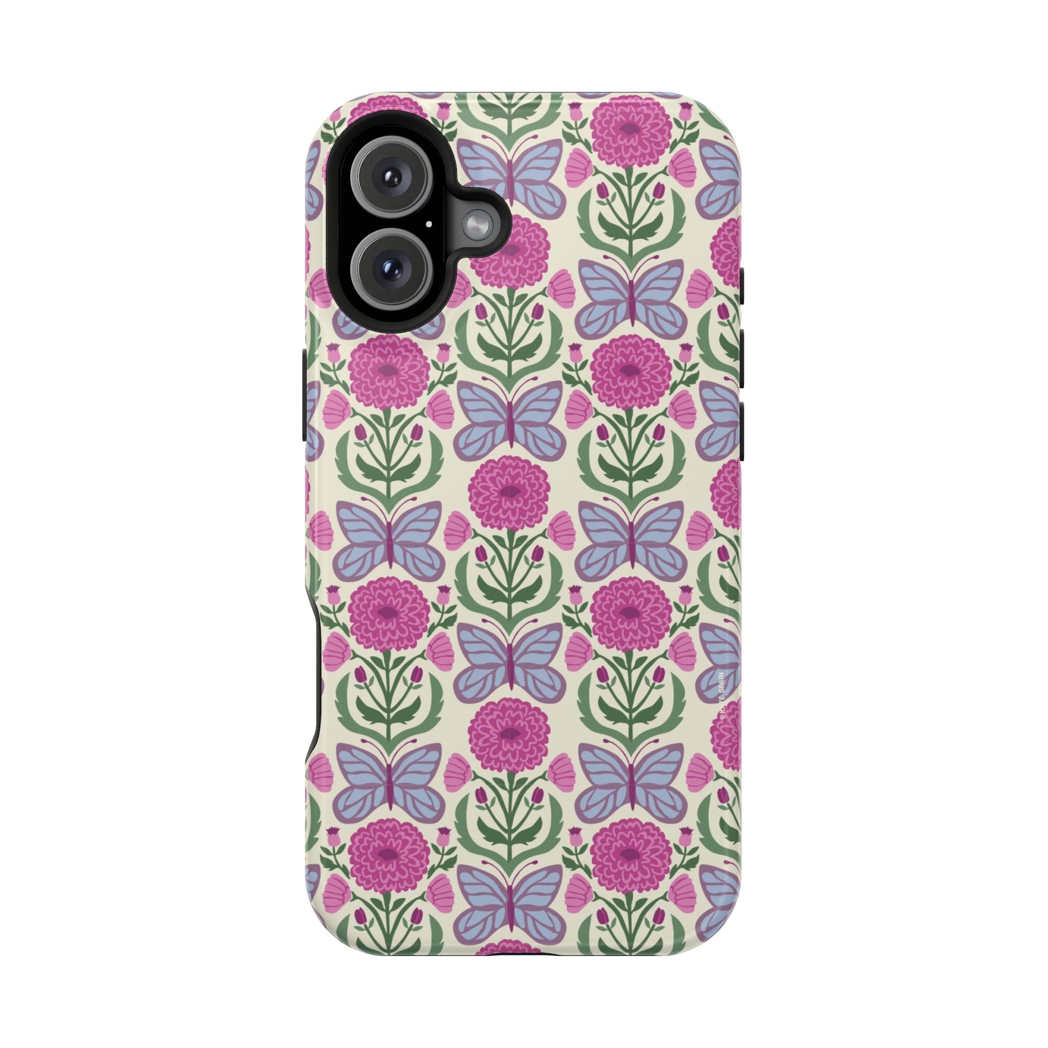 Butterfly MagSafe iPhone 16 Plus Case – Glossy | cream, magenta, periwinkle butterfly floral print