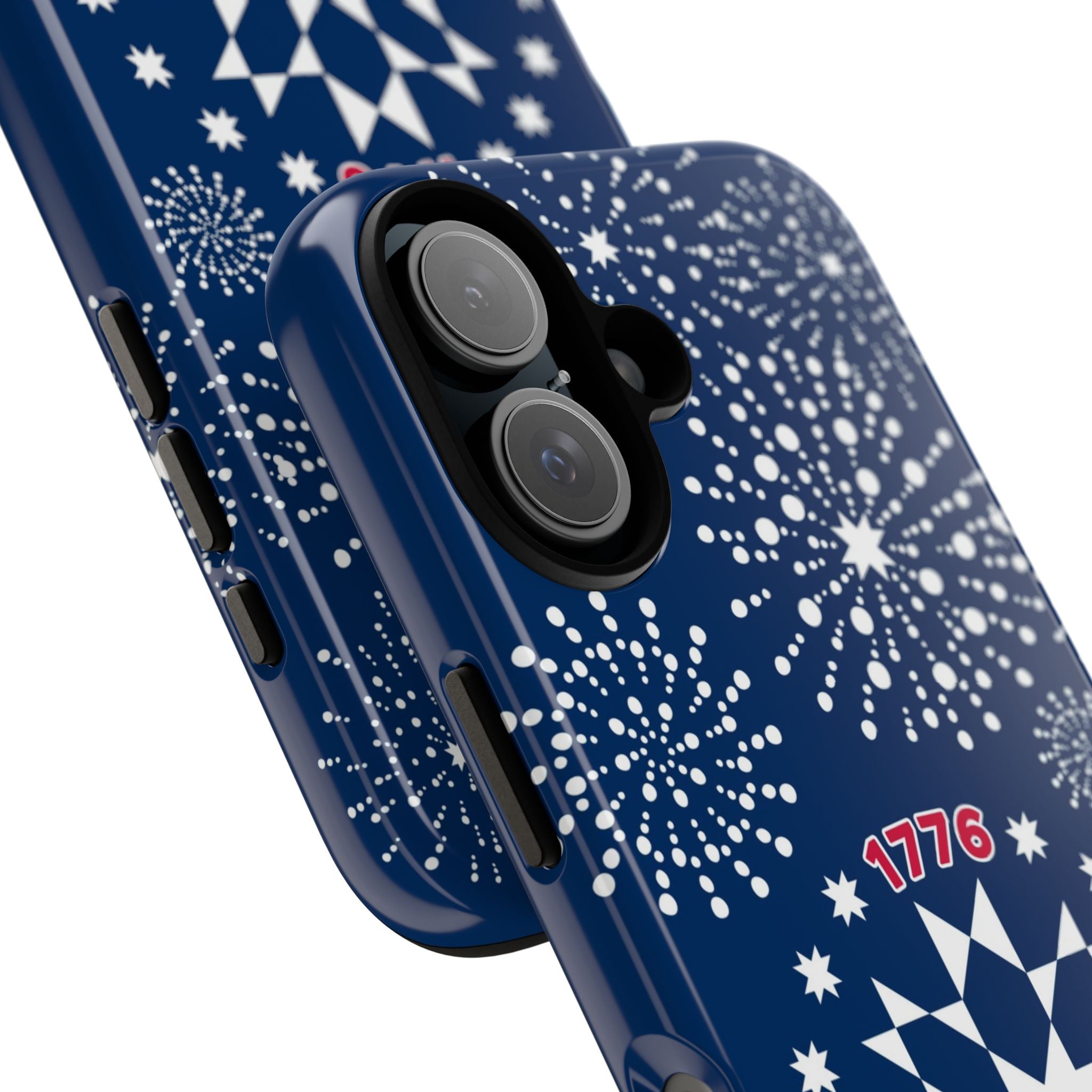 250th Fireworks Tough iPhone 16 side angle with close up of buttons and camera cutout in case in navy, white patriotic star quilt fireworks print