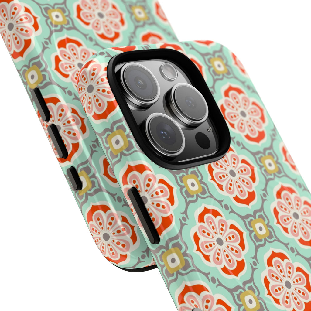 Alhambra MagSafe iPhone 16 Pro Max Case – Glossy | aqua, coral, blush geometric medallion floral print | angled view closeup of camera cutout and buttons