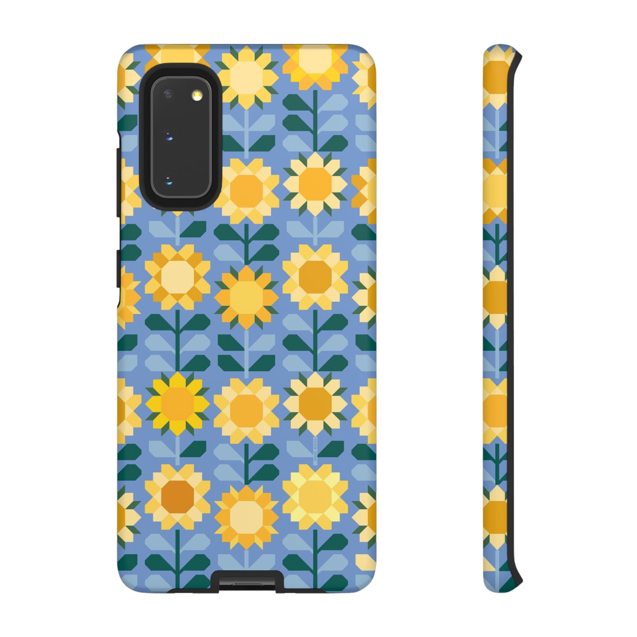 Luxury Sunflowers Samsung Galaxy S20 Case – Matte | blue, yellow, gold geometric sunflower print