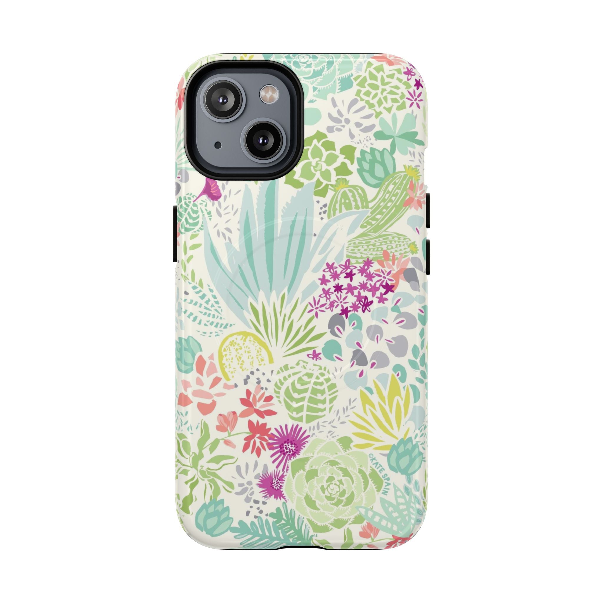 Canyon MagSafe iPhone 14 Case – Glossy | cream, sage, aqua, mauve, fuschia botanical succulent print