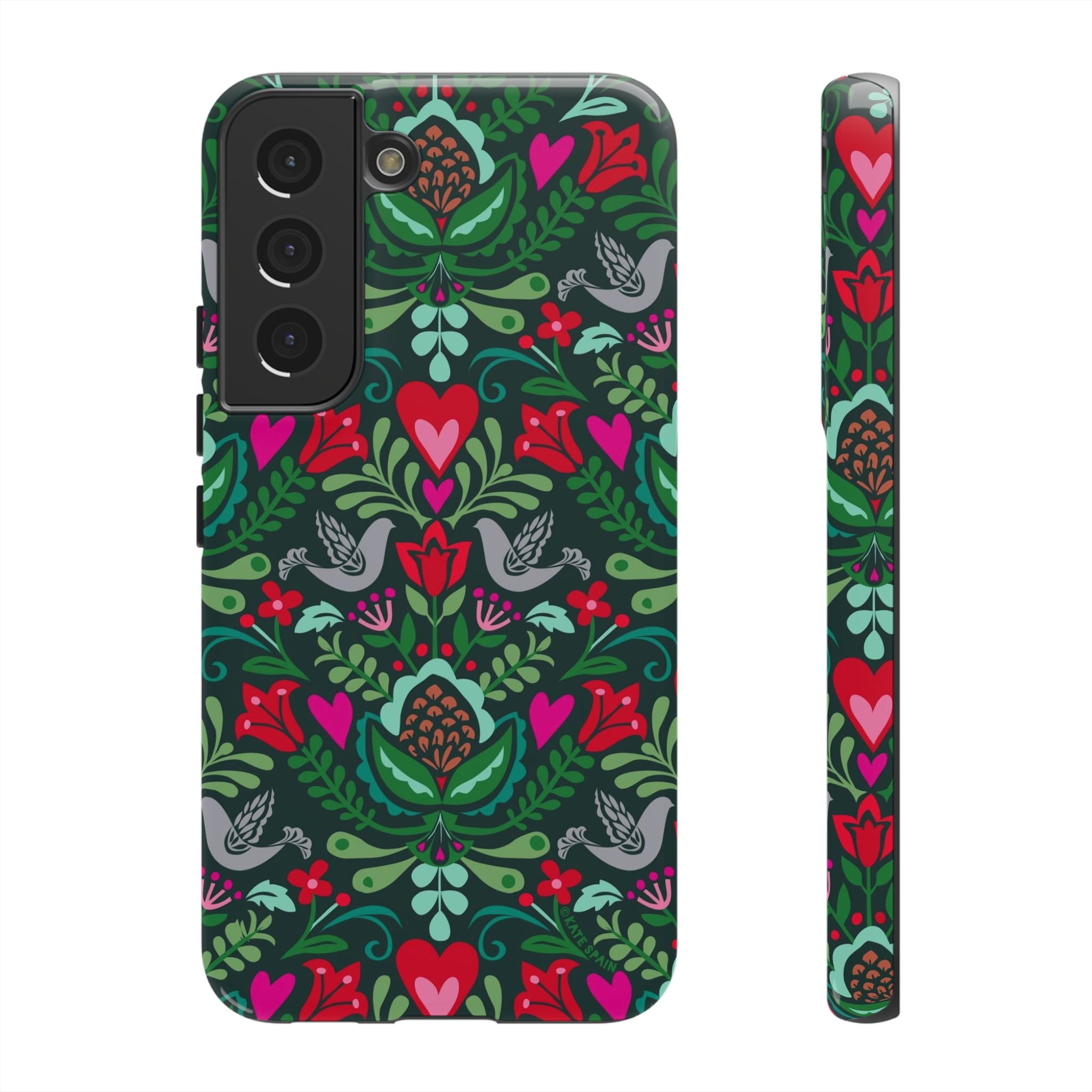 Rosemaling Samsung Galaxy S22 Case – Glossy | forest green, red, pink rosemaling floral print
