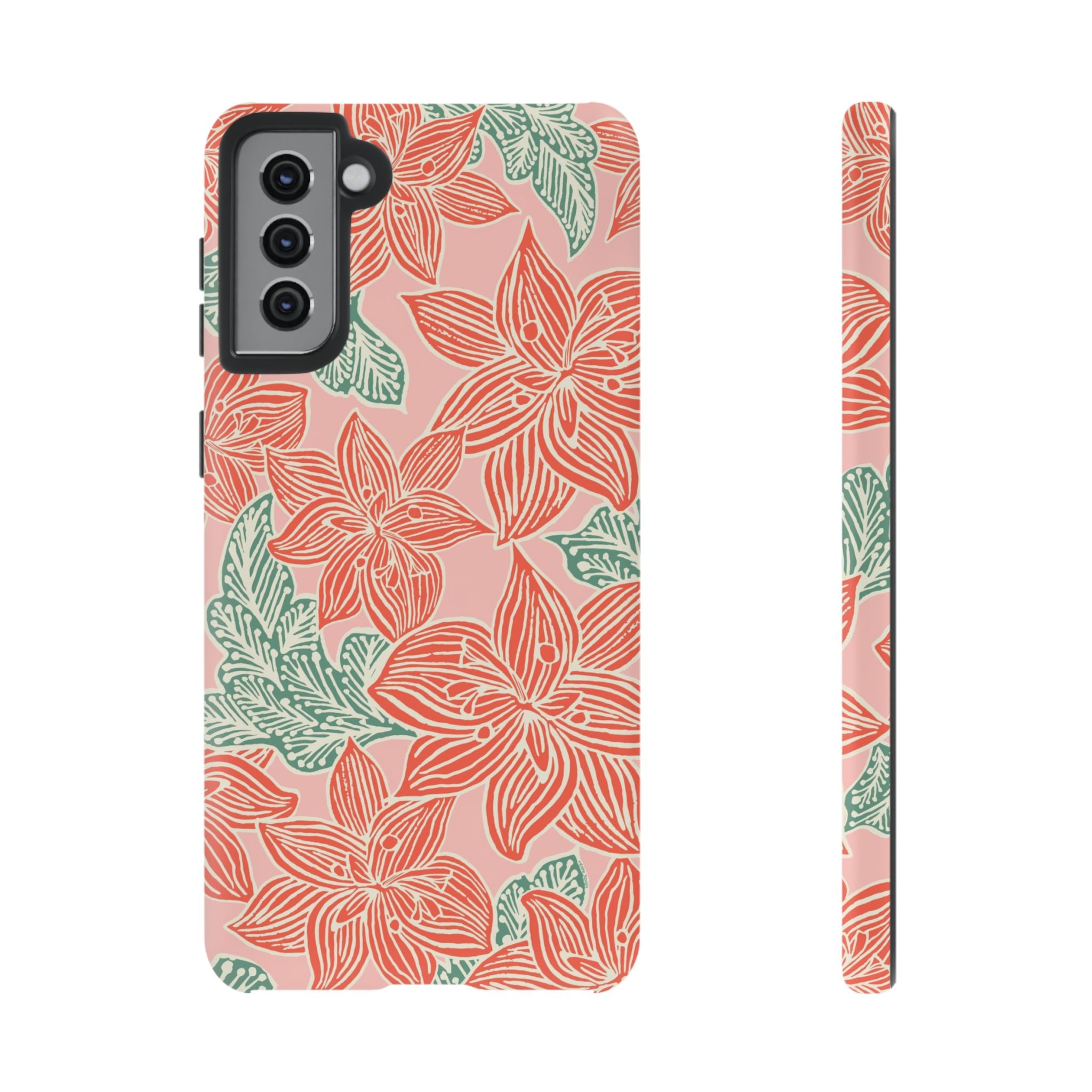 Hibiscus Coral Samsung Galaxy S21 Plus Matte Case — blush pink hard case with large-scale coral red hibiscus flowers and teal-green leaves in a bold botanical linework print, densely layered across the surface
