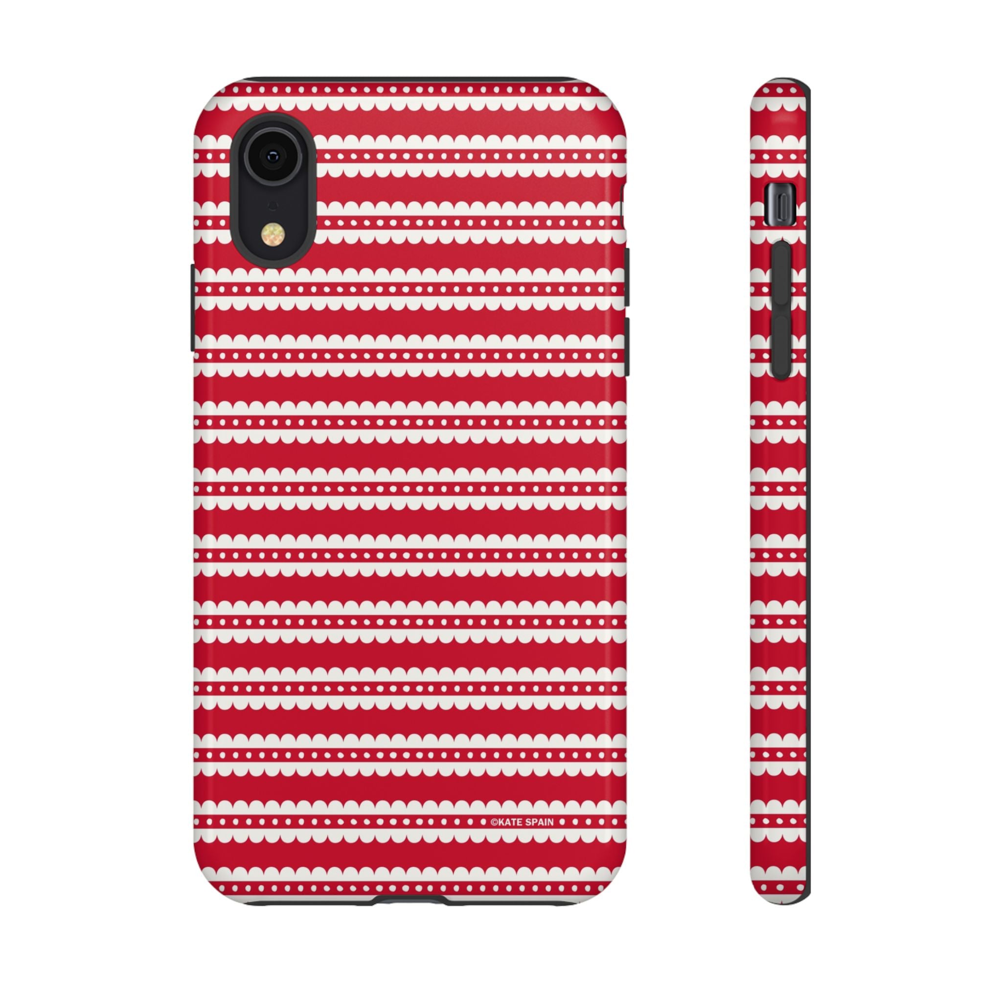 Candy Cane Stripe Tough iPhone XR Case – Glossy | red, cream scalloped candy cane stripe print