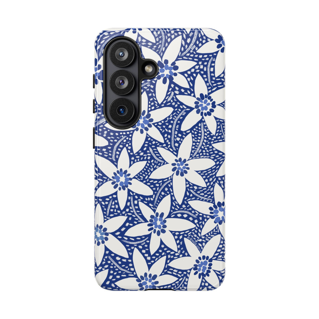 Starflower Samsung Galaxy S26 Case – Glossy | navy, white geometric starflower print