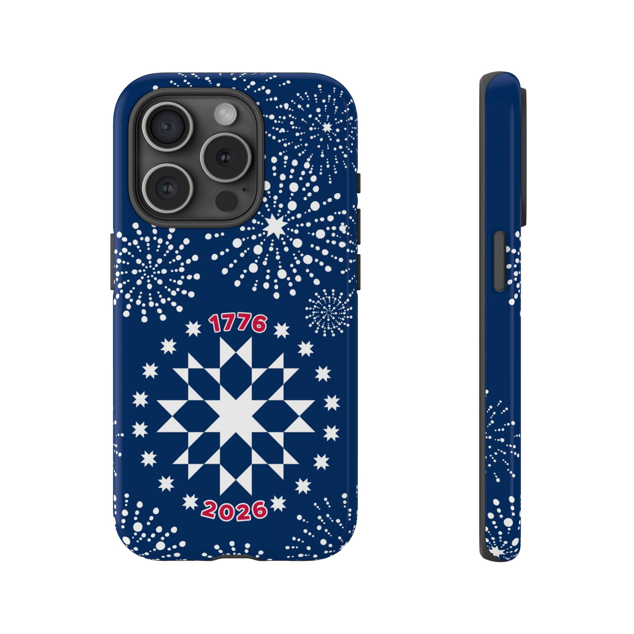 250th Fireworks Tough iPhone 15 Pro Case – Glossy | navy, white patriotic star quilt fireworks print