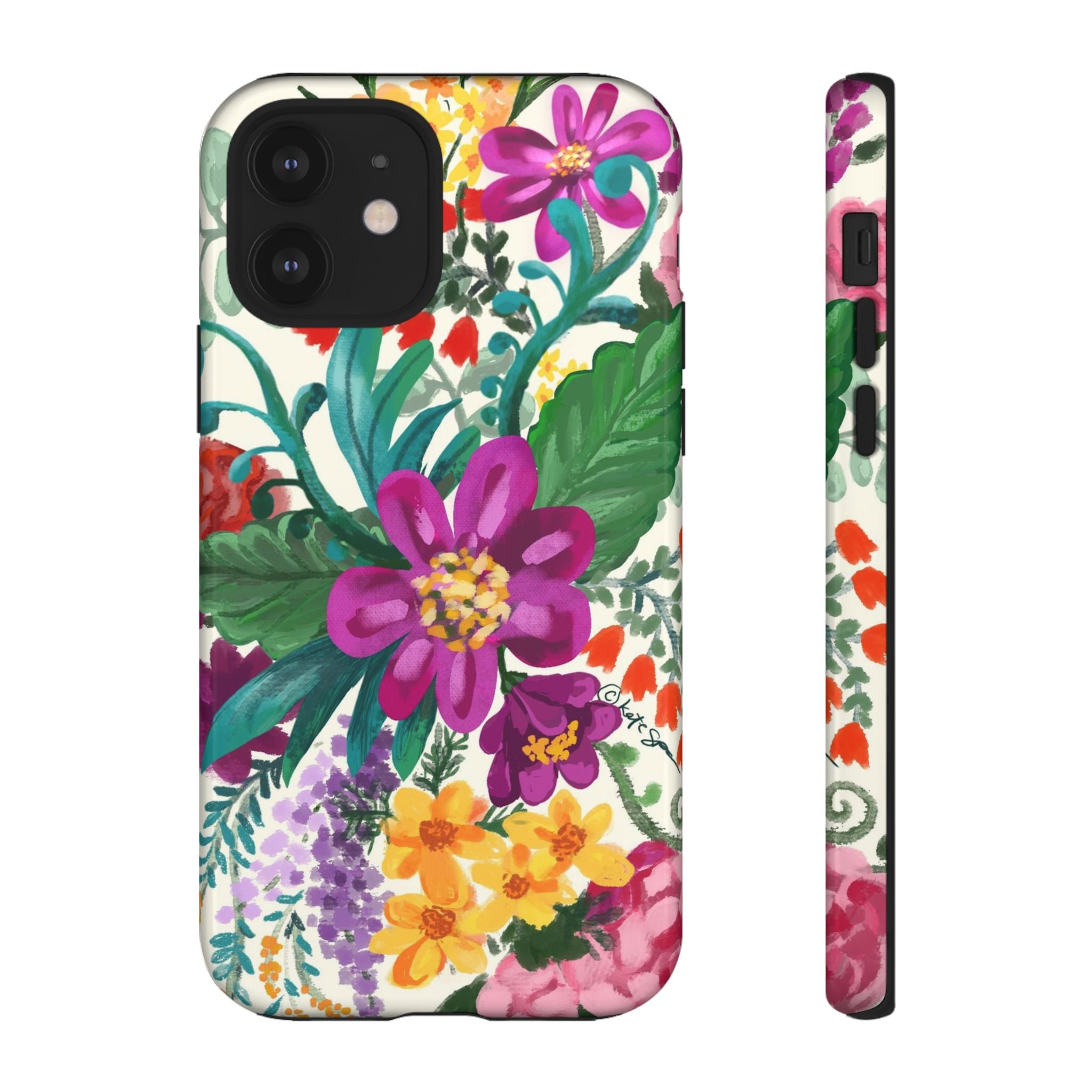 Posy Tough iPhone 12 Case – Glossy | cream, magenta, coral botanical floral print